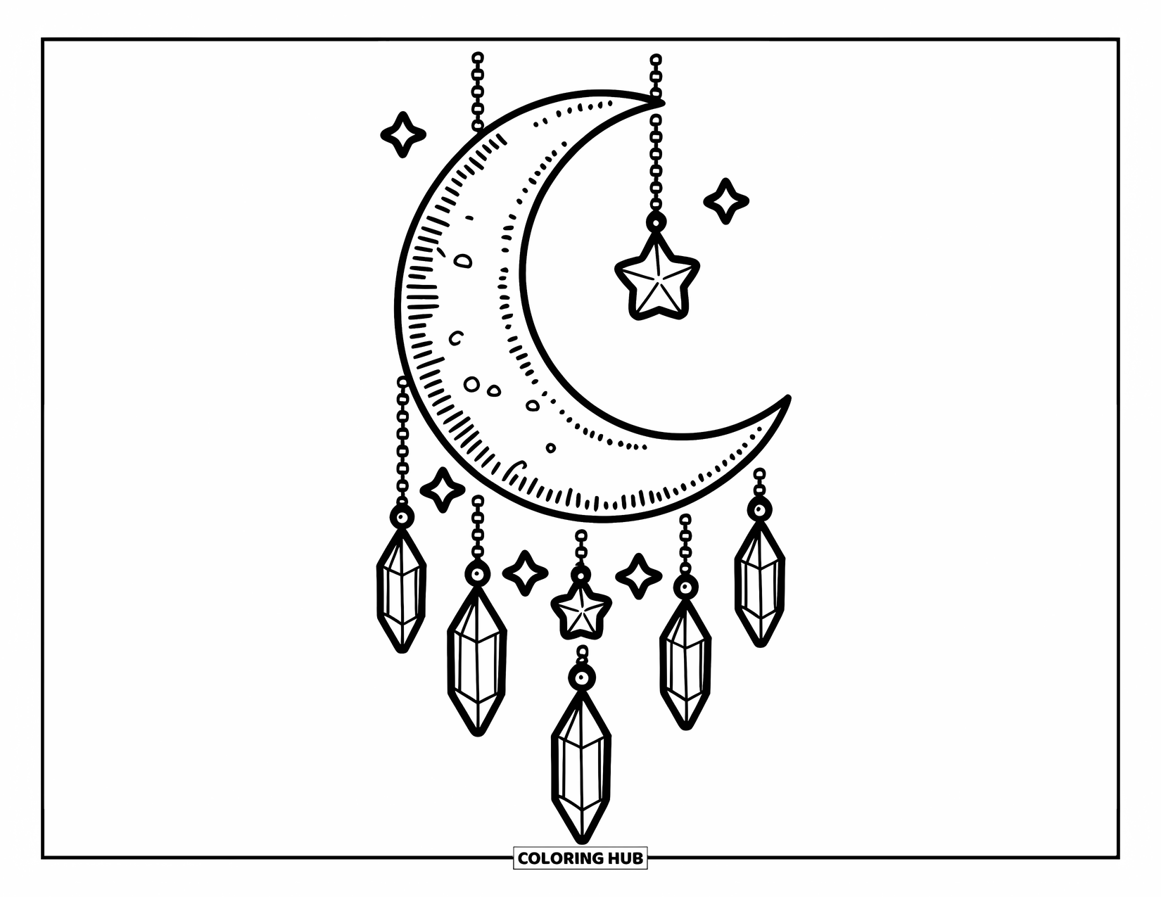 Celestial Coloring Page for Kids: Crescent moon hangs from strings with stars and crystals