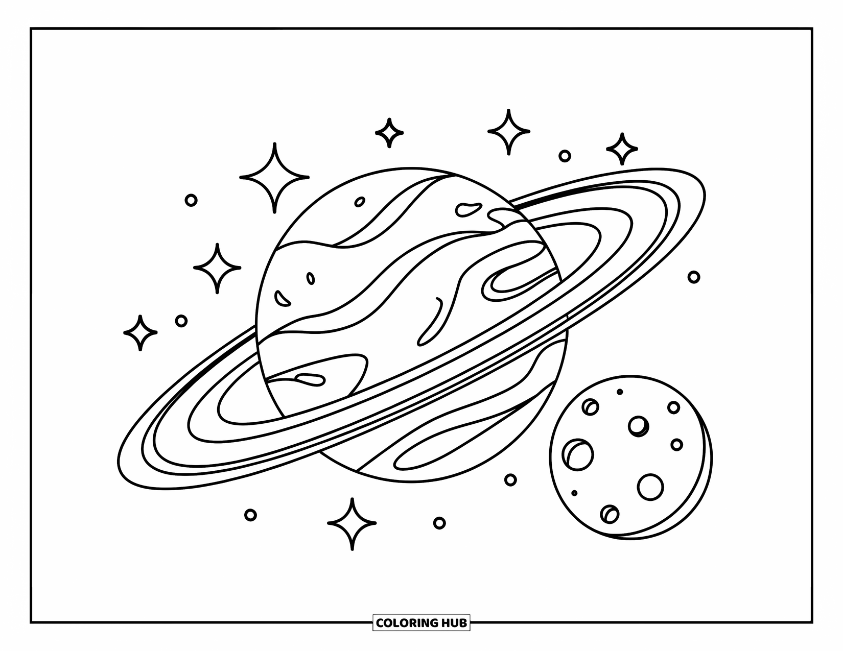 Celestial Coloring Page for Kids: Cute planet with rings and a nearby moon in space