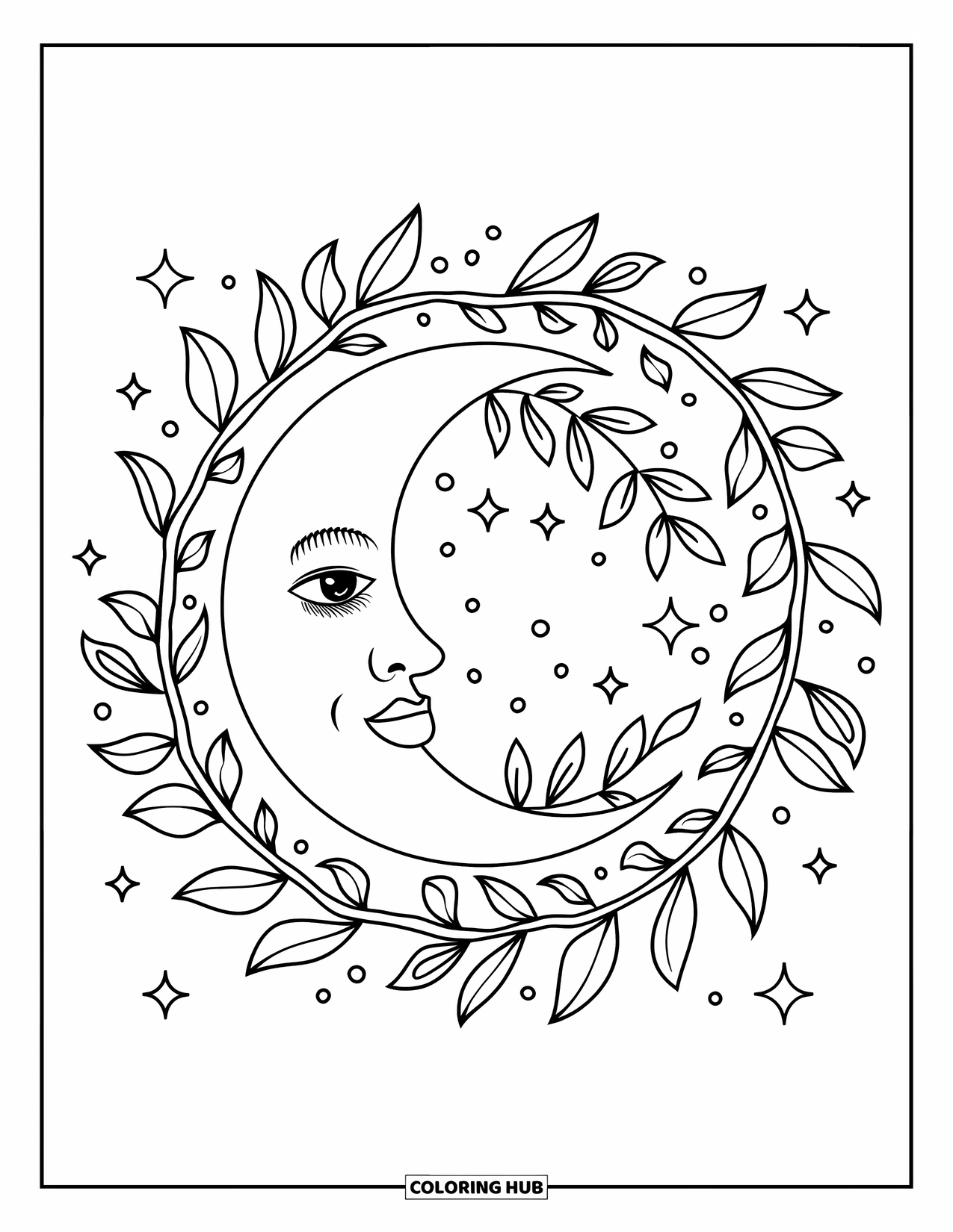 Celestial Coloring Page for Kids: Face on the moon surrounded by flowers, leaves, and twinkles