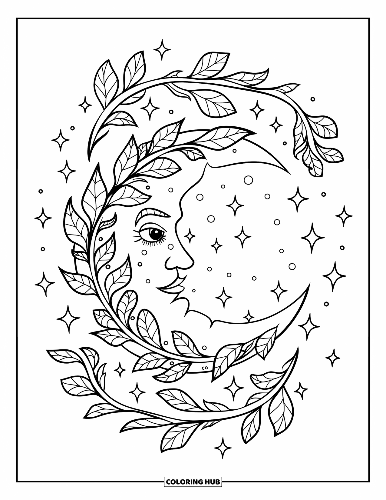 Celestial Coloring Page for Kids: Floral moon with round leaves and stars in a dark sky