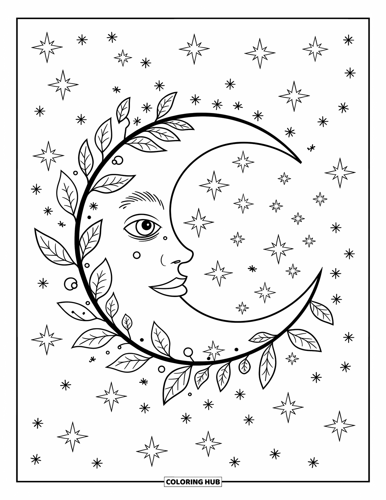 Celestial Coloring Page for Kids: Floral moon wrapped in leafy vines with sparkles all around
