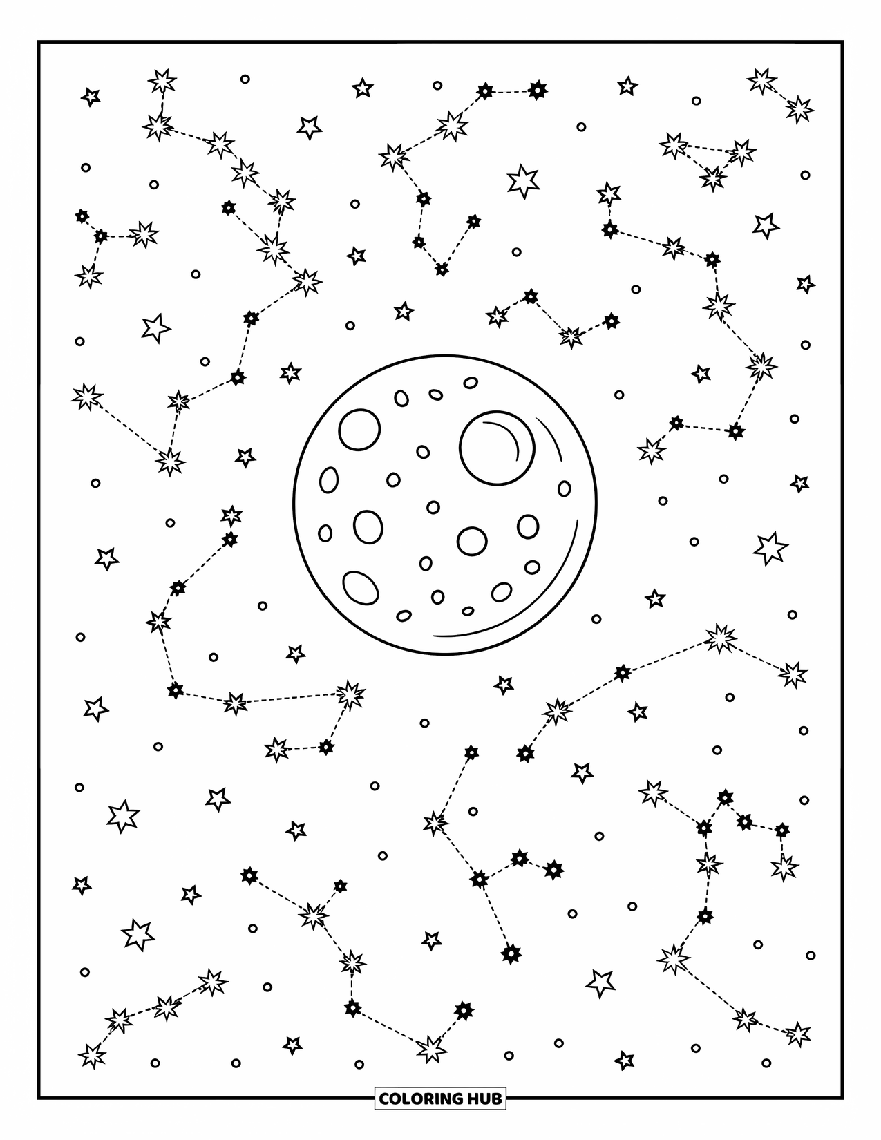 Celestial Coloring Page for Kids: Full moon glowing with tiny stars and swirling trails