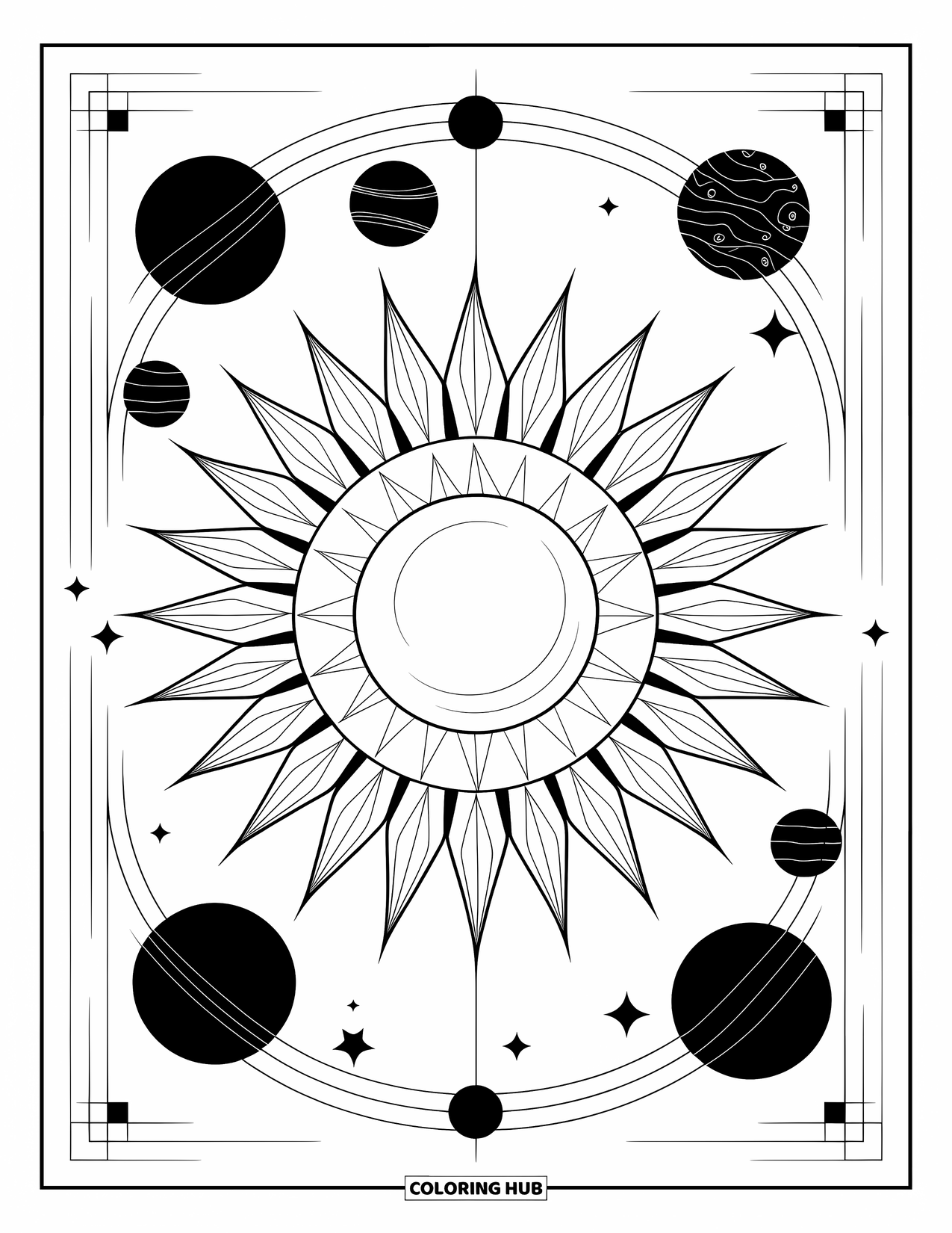Celestial Coloring Page for Kids: Geometric sun with planets spinning in space