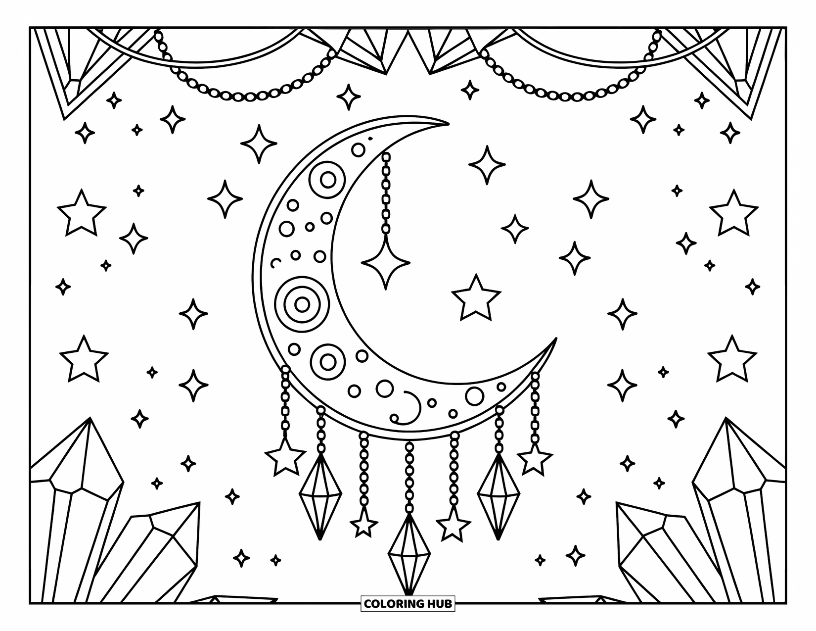 Celestial Coloring Page for Kids: Hanging crescent moon surrounded by stars and twinkling sky