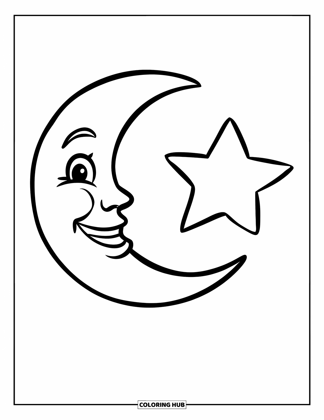 Celestial Coloring Page for Kids: Happy moon with a wide grin and one large star