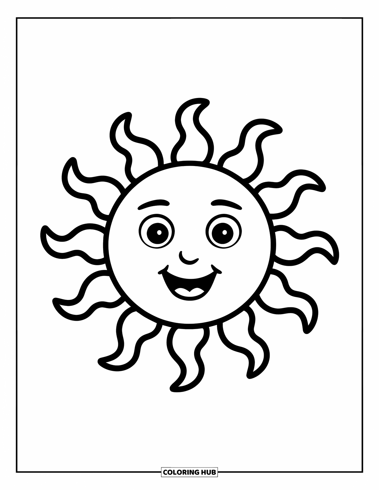 Celestial Coloring Page for Kids: Happy sun with wavy rays smiles in the center
