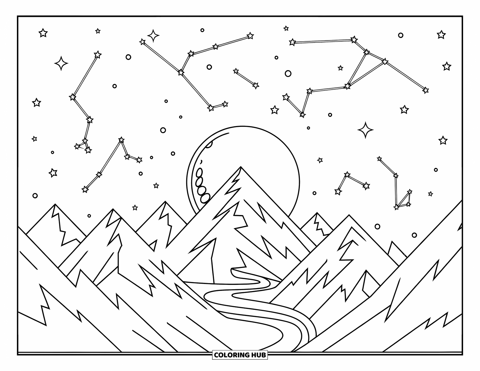 Celestial Coloring Page for Kids: Jagged mountains beneath a glowing moon and winding starry sky