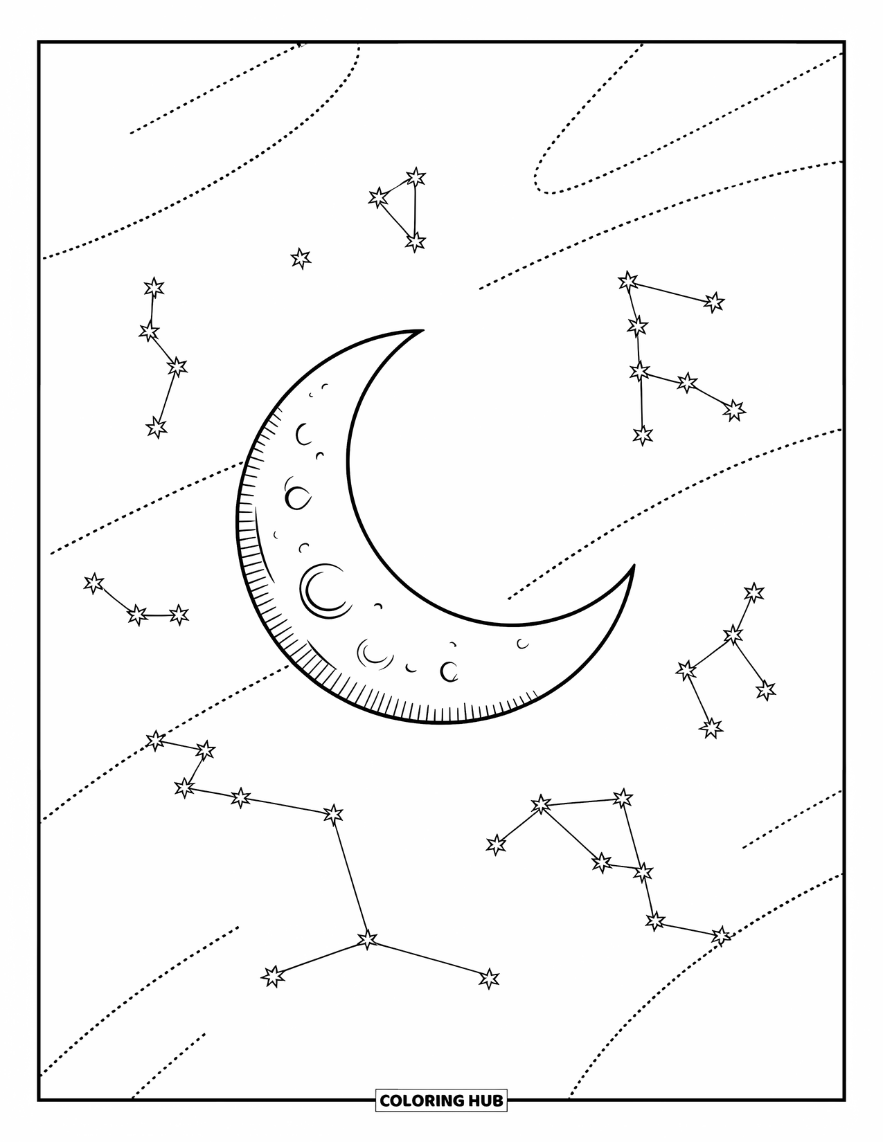 Celestial Coloring Page for Kids: Moon surrounded by constellations and dancing dotted lines