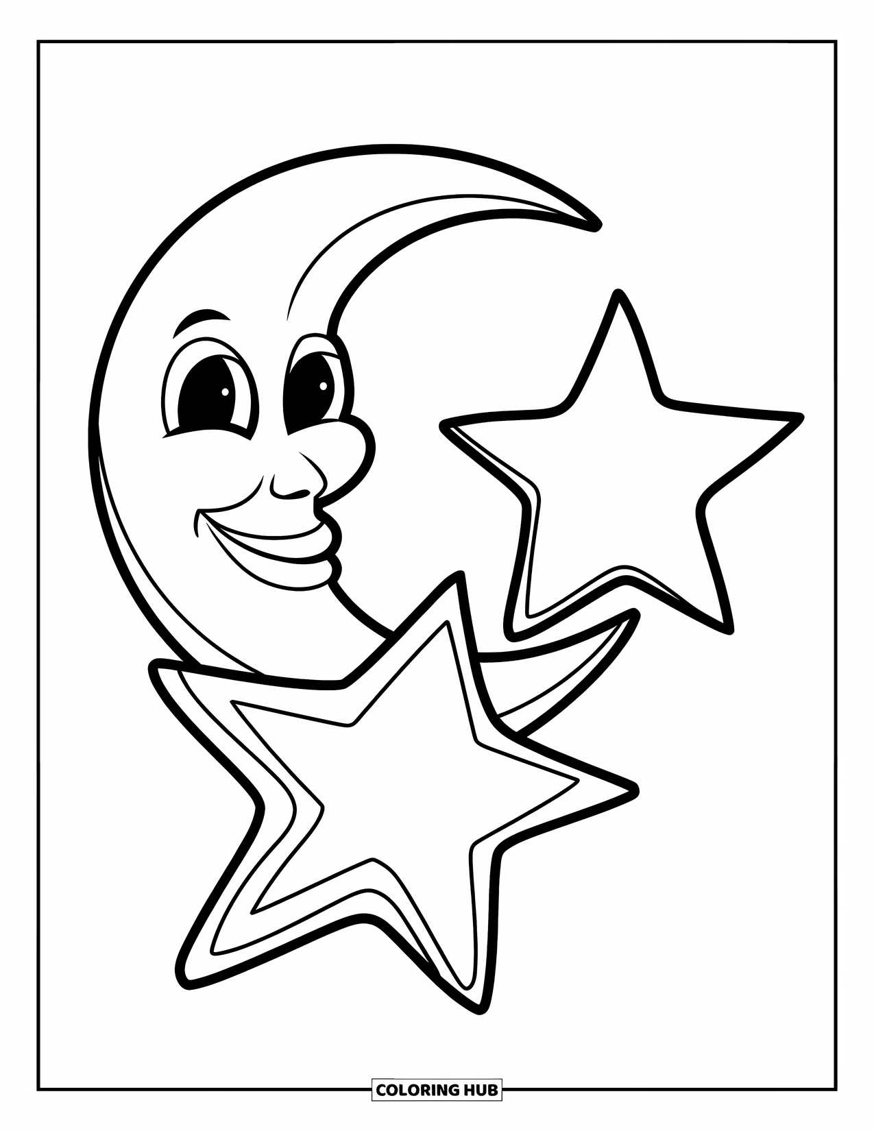 Celestial Coloring Page for Kids: Moon with a cheerful face and one bold five-point star