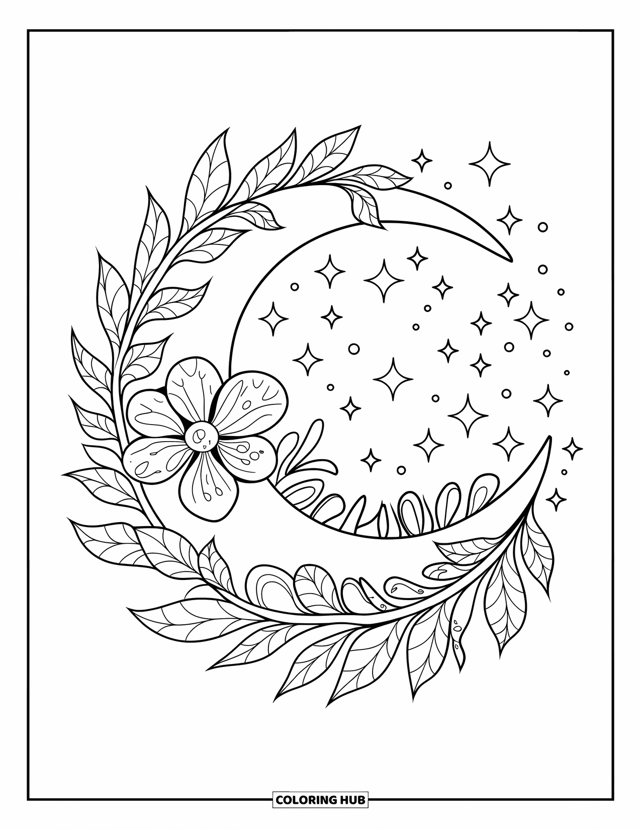 Celestial Coloring Page for Kids: Moon wrapped in vines and sparkles in a starry night