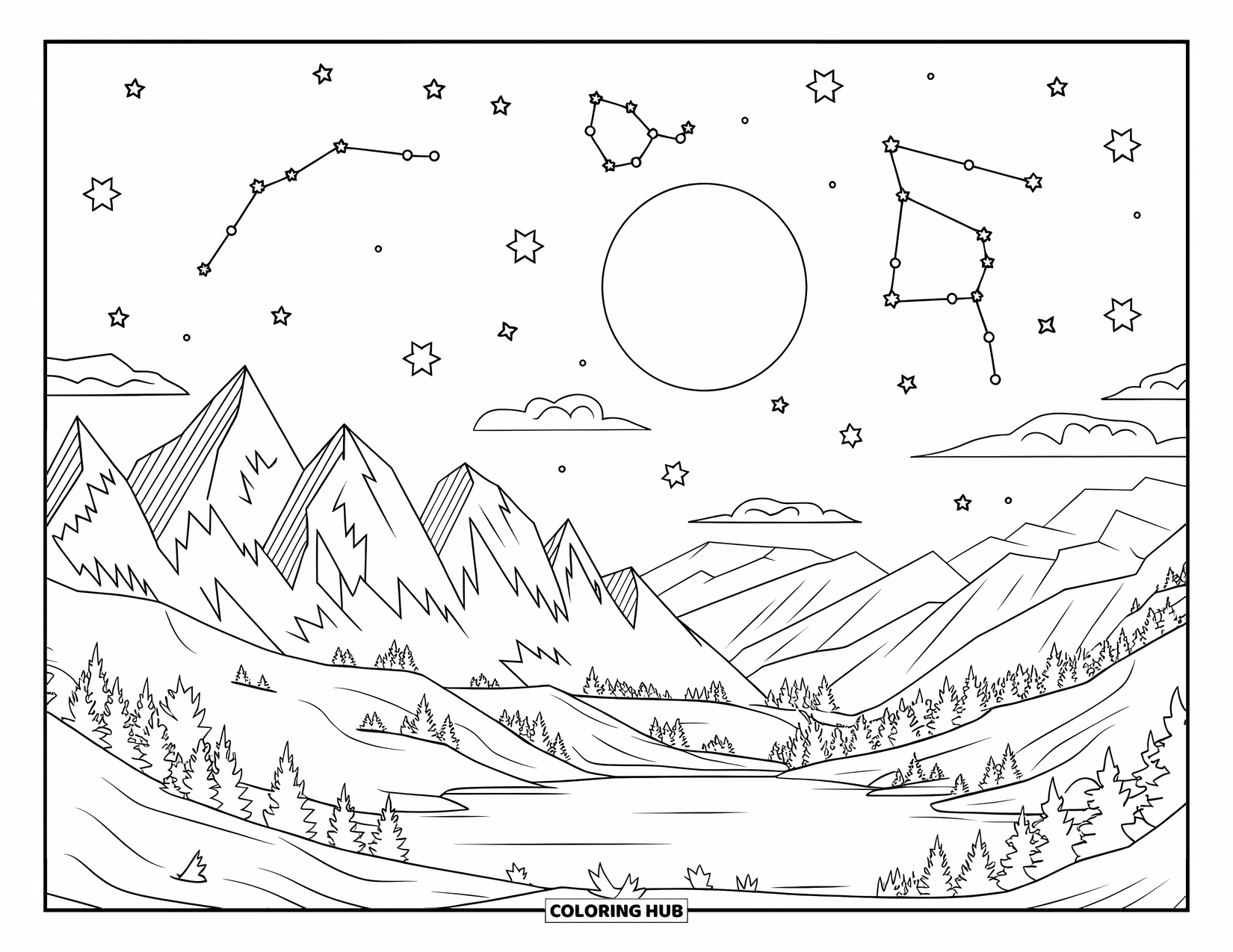 Celestial Coloring Page for Kids: Moonlit lake and mountains surrounded by constellations and clouds