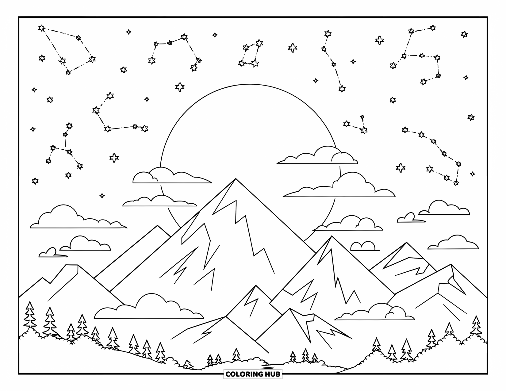 Celestial Coloring Page for Kids: Mountain scene under a giant moon with stars and constellations