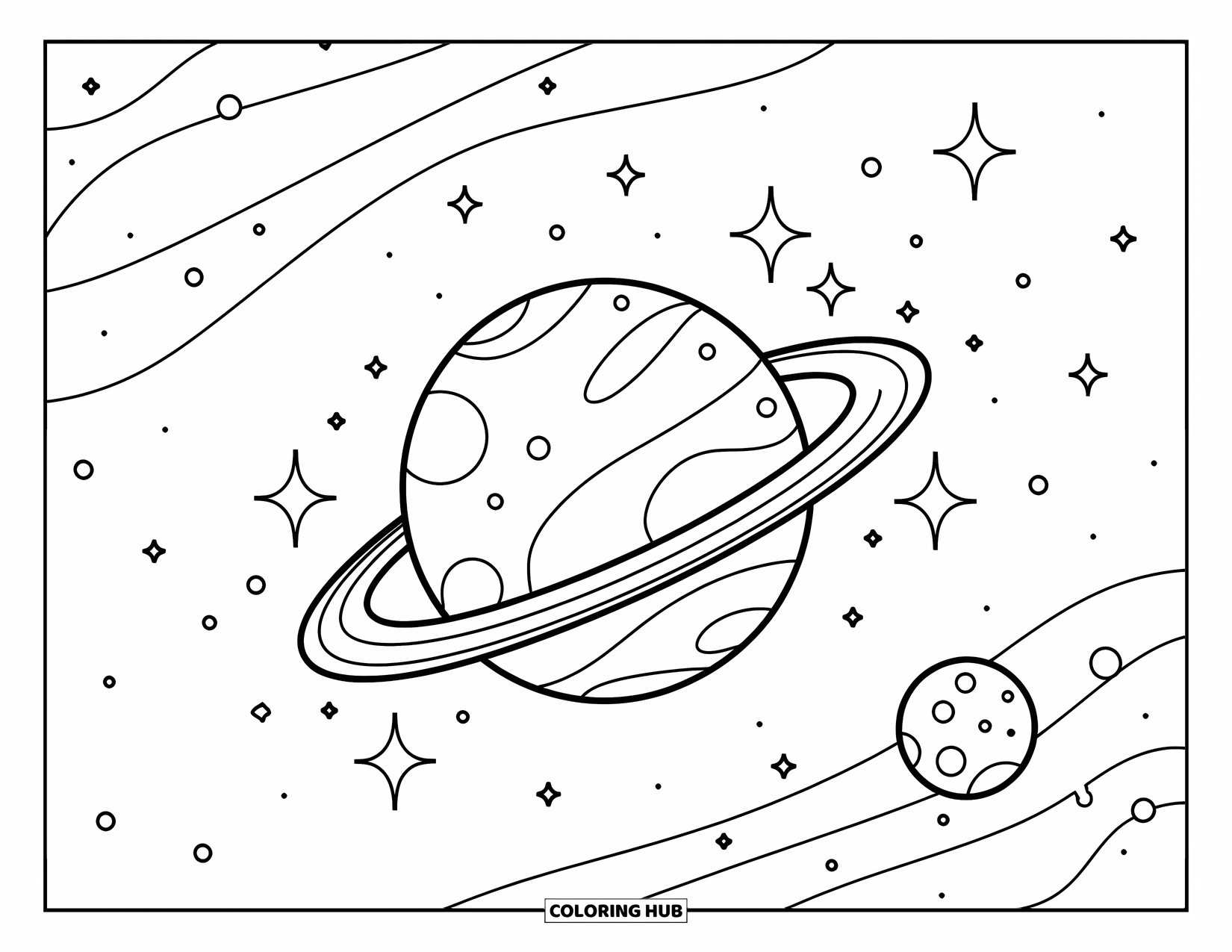 Celestial Coloring Page for Kids: Planet and cratered moon surrounded by sparkles and stars