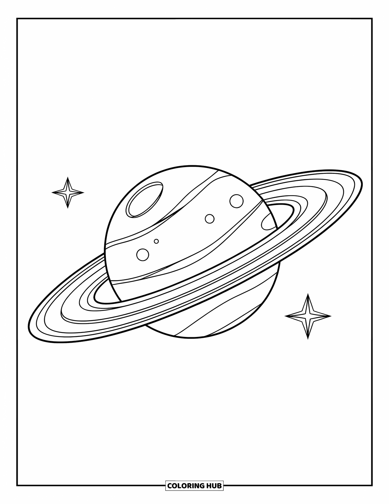 Celestial Coloring Page for Kids: Planet with spots and rings next to two tiny stars
