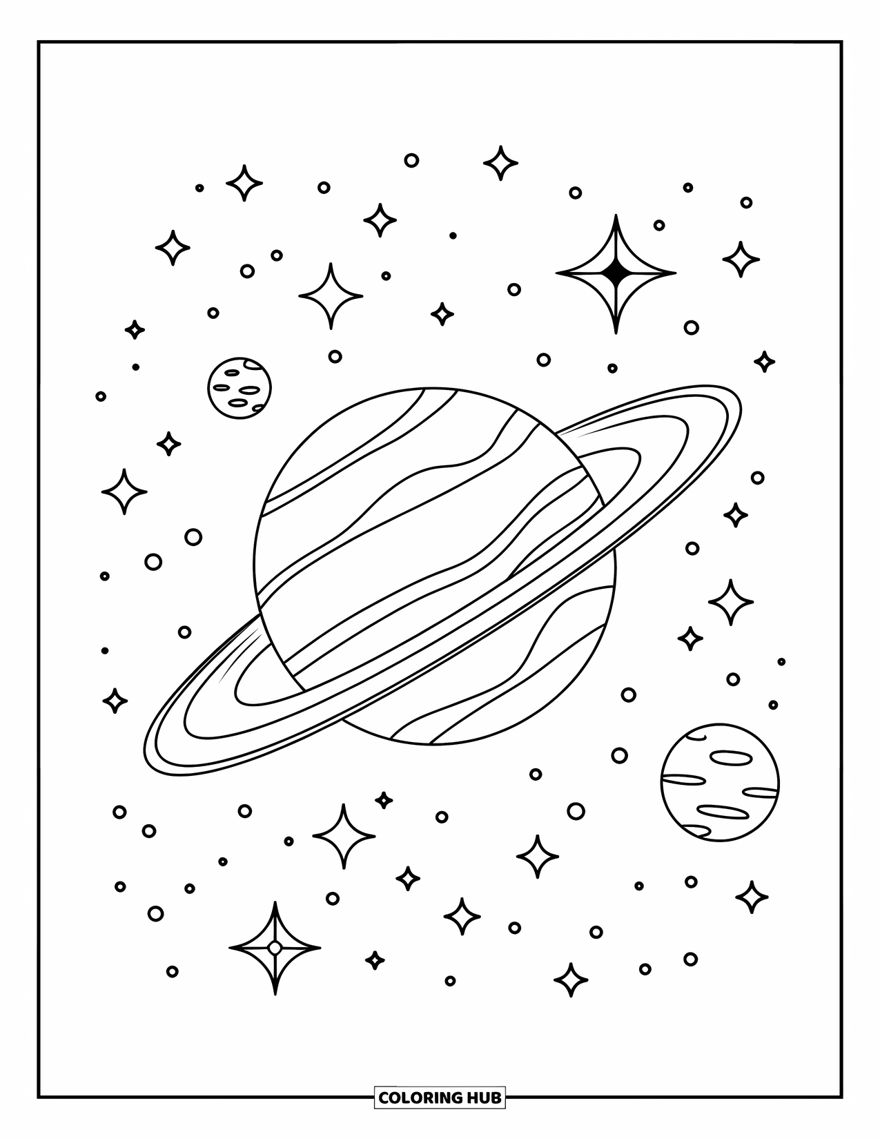 Celestial Coloring Page for Kids: Planet with thin rings and twin moons orbiting under starry skies