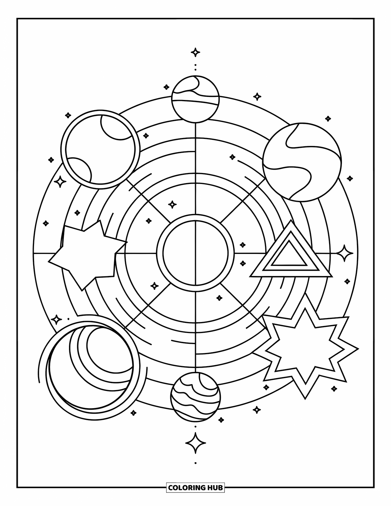 Celestial Coloring Page for Kids: Planets orbiting a patterned sun with fun space shapes