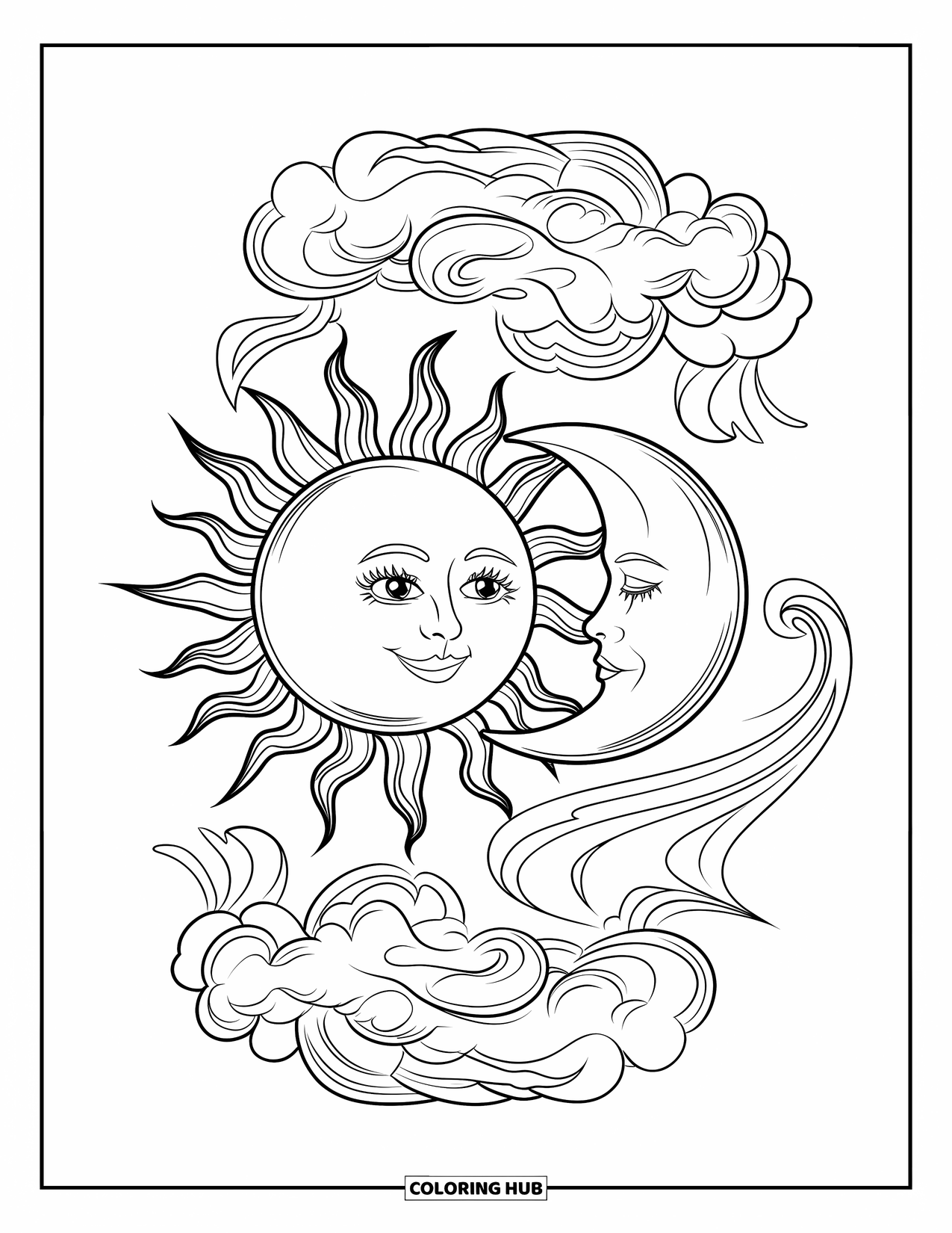 Celestial Coloring Page for Kids: Spiky sun and crescent moon meet among drifting clouds