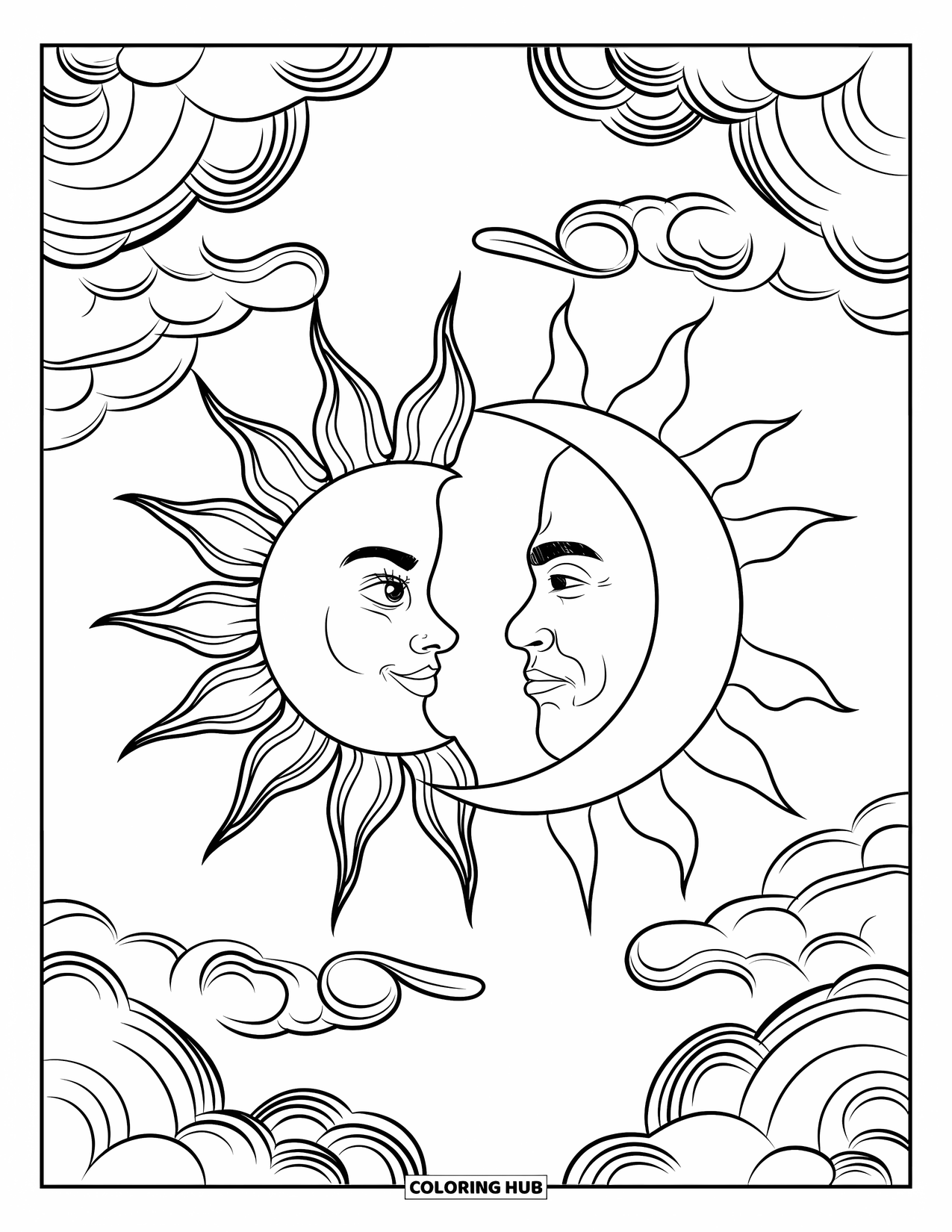 Celestial Coloring Page for Kids: Sun and moon face each other with swirling clouds around them
