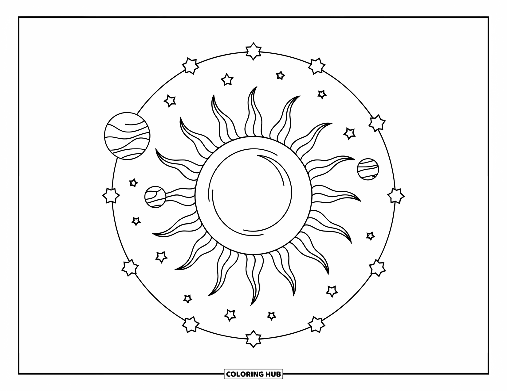 Celestial Coloring Page for Kids: Sun and planets circled by stars in a neat orbit