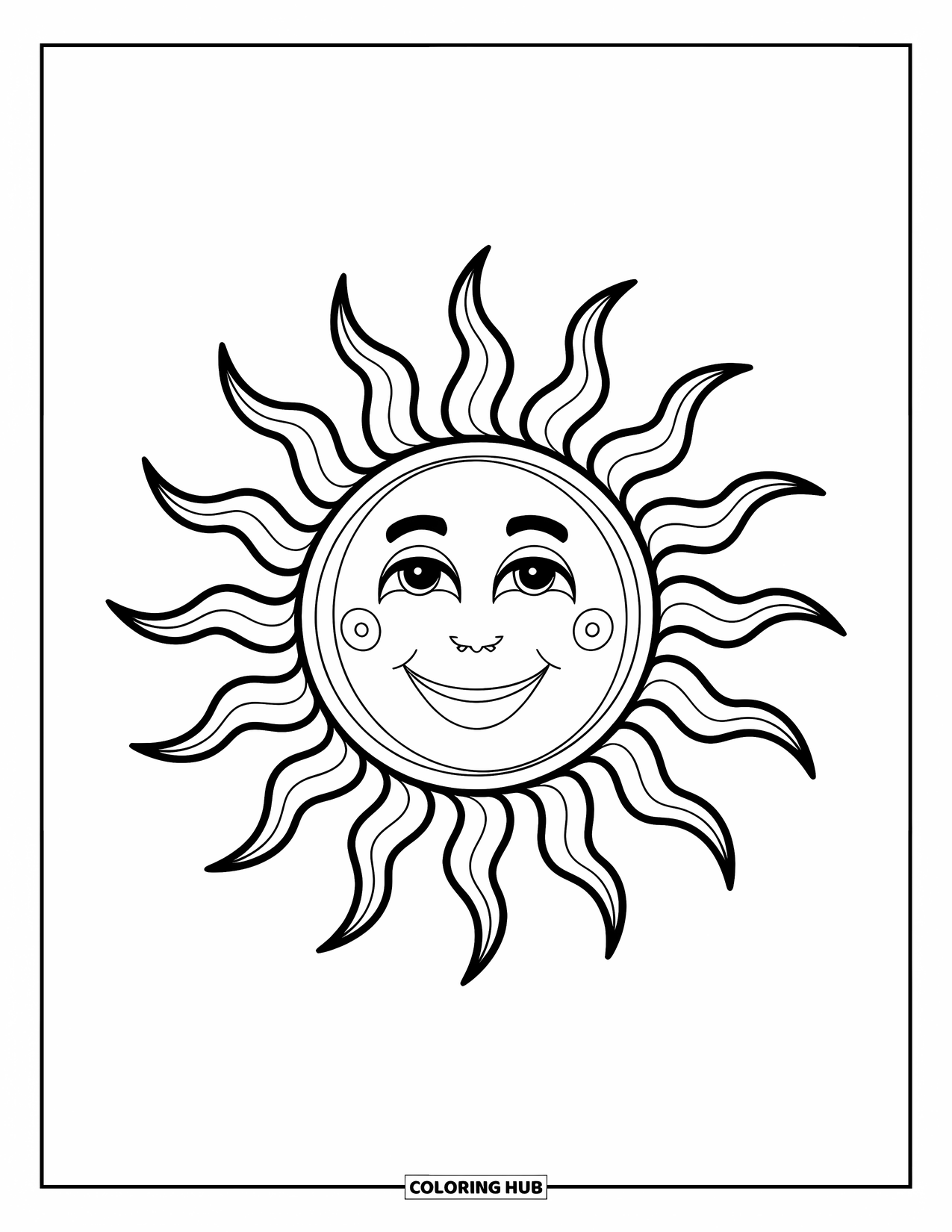 Celestial Coloring Page for Kids: Sun with a cheerful face and flowing rays