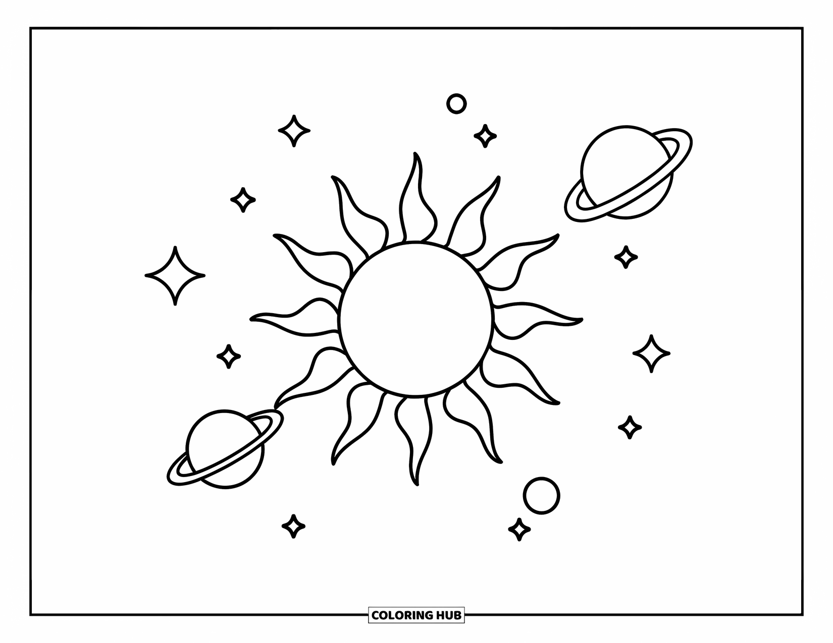 Celestial Coloring Page for Kids: Sun with wavy rays and planets floating around it