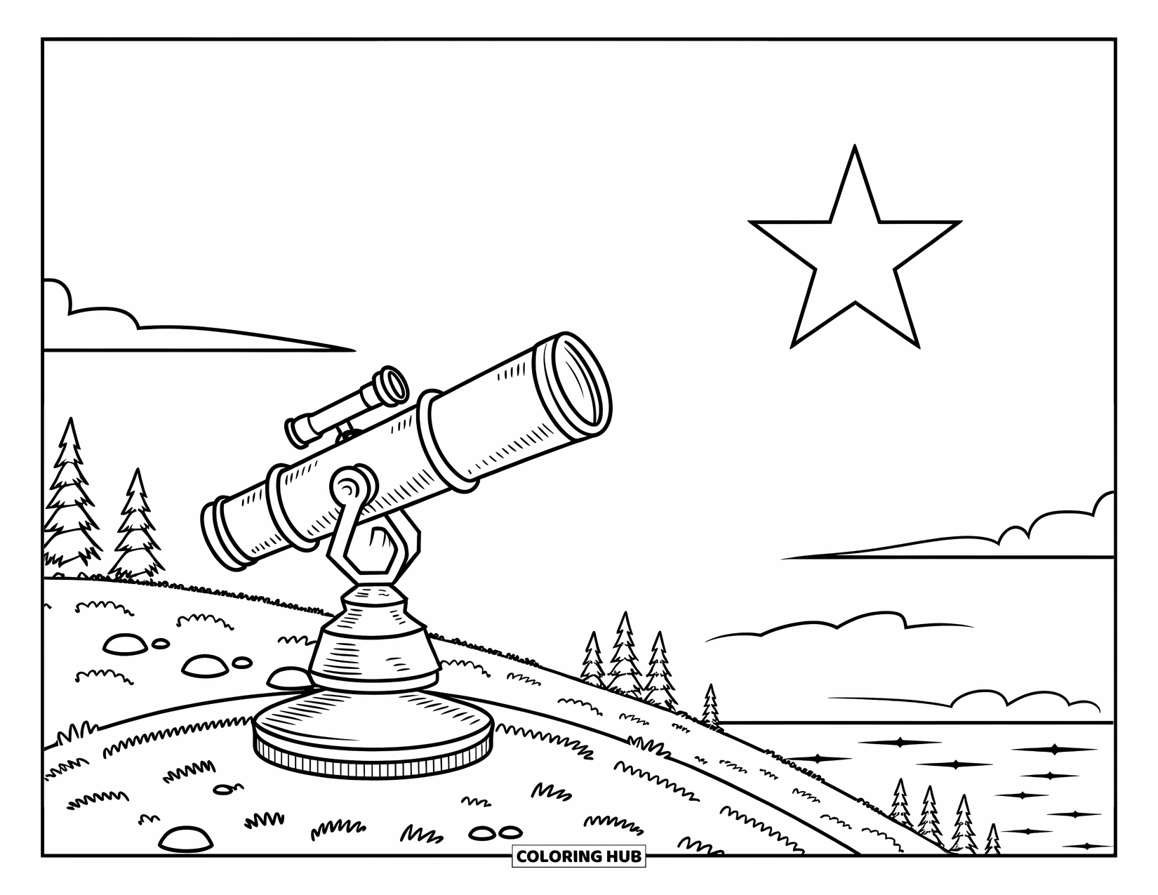 Celestial Coloring Page for Kids: Telescope on a grassy hill beneath a bright star and clouds