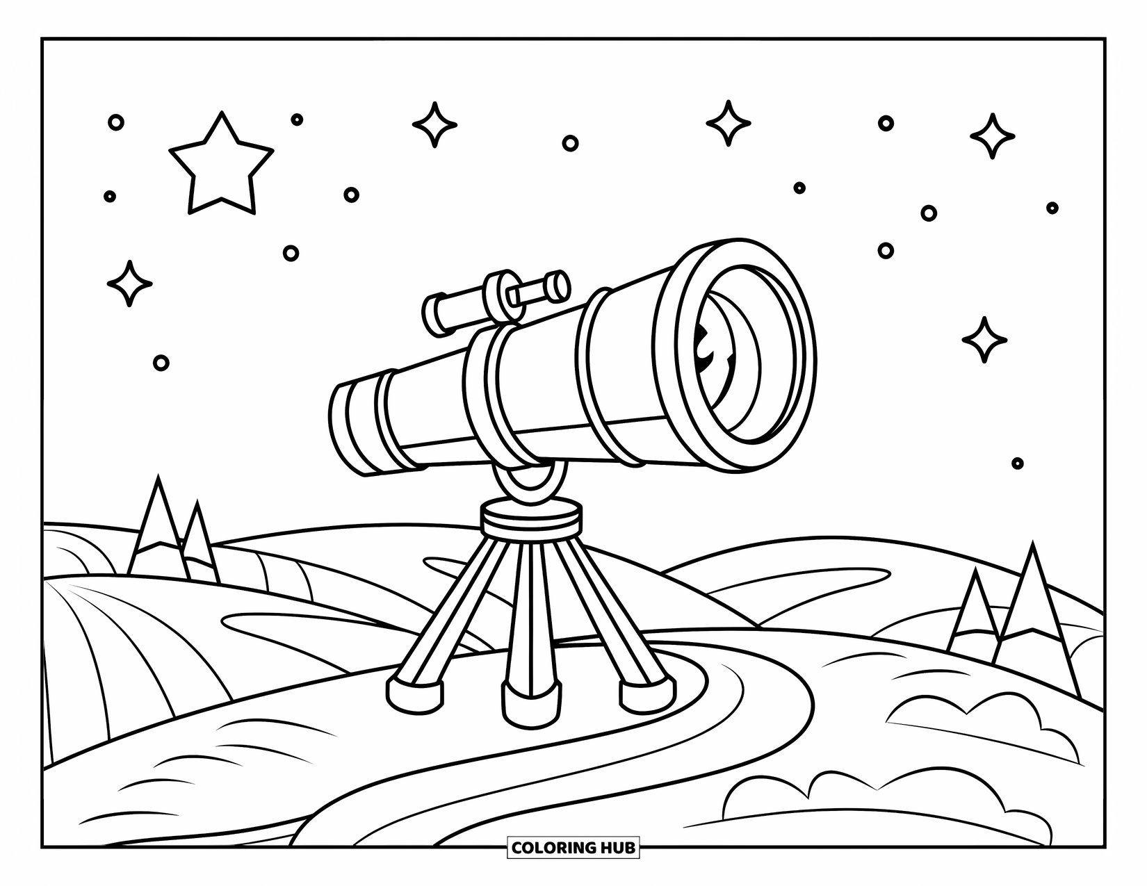 Celestial Coloring Page for Kids: Telescope on a hilltop with a winding path and starry sky