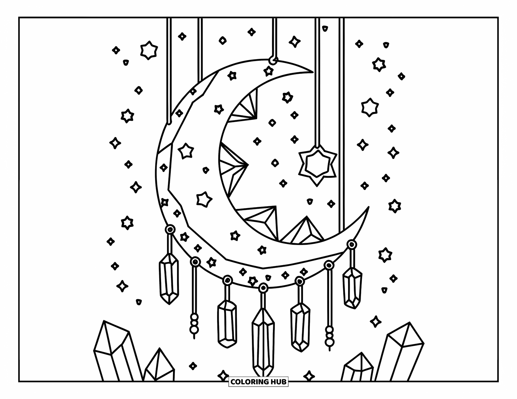 Celestial Coloring Page for Kids: Textured crescent moon floats with dangling stars and crystals