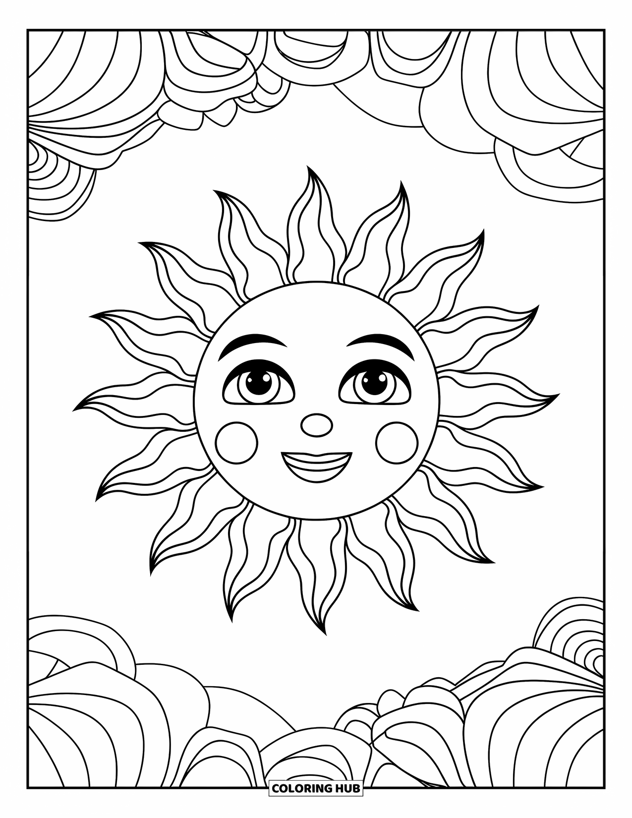 Celestial Coloring Page for Kids: Wavy-rayed sun with a big happy face in the sky