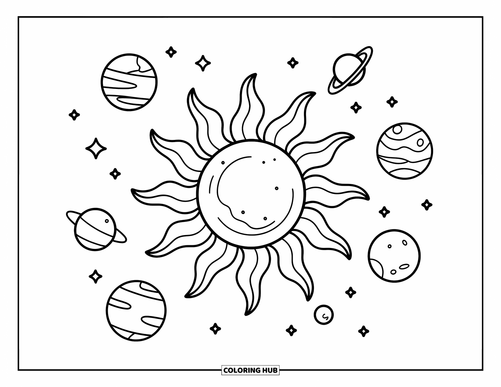 Celestial Coloring Page for Kids: Wavy sun and planets sit together in a celestial ring