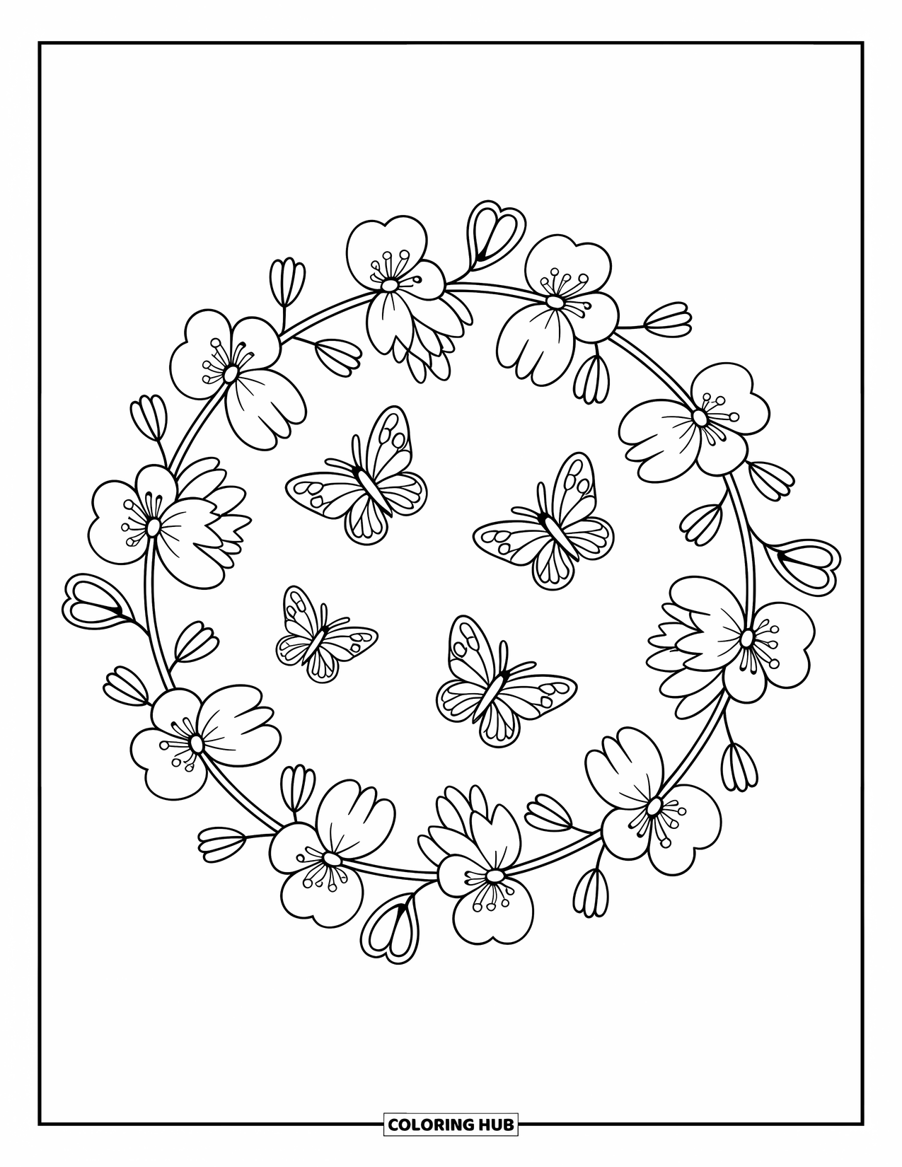 Cherry Blossom Coloring Page for Adults: A circle of cherry blossoms with butterflies, charms, and petals tucked into every loop