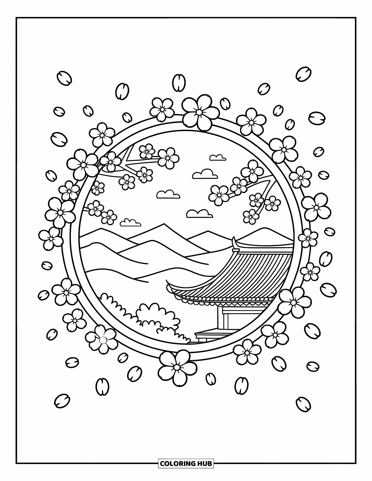 Cherry Blossom Coloring Page for Adults: A cozy window view of cherry blossoms, mountains, and a temple roof
