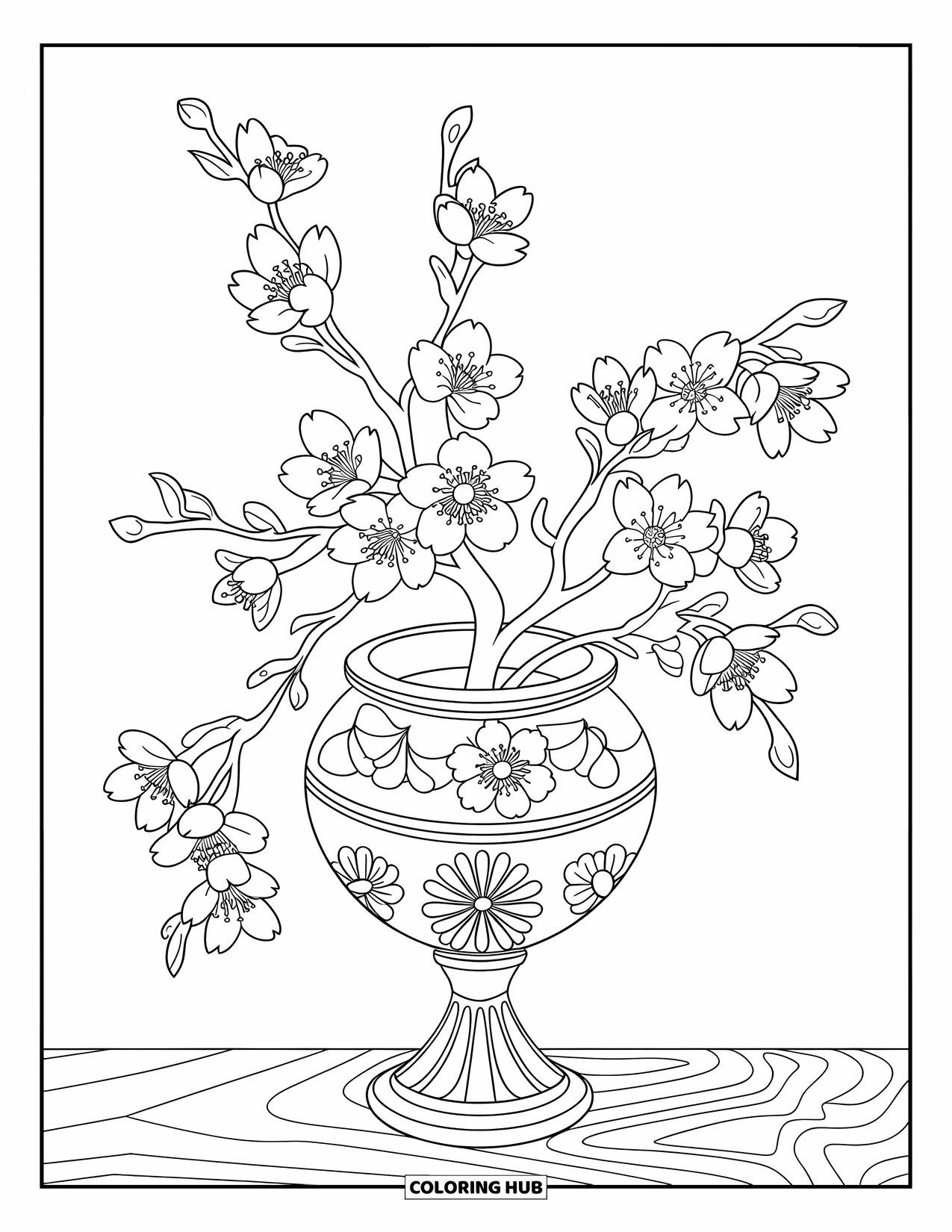 Cherry Blossom Coloring Page for Adults: A floral-patterned vase holding cherry blossoms on a plain surface