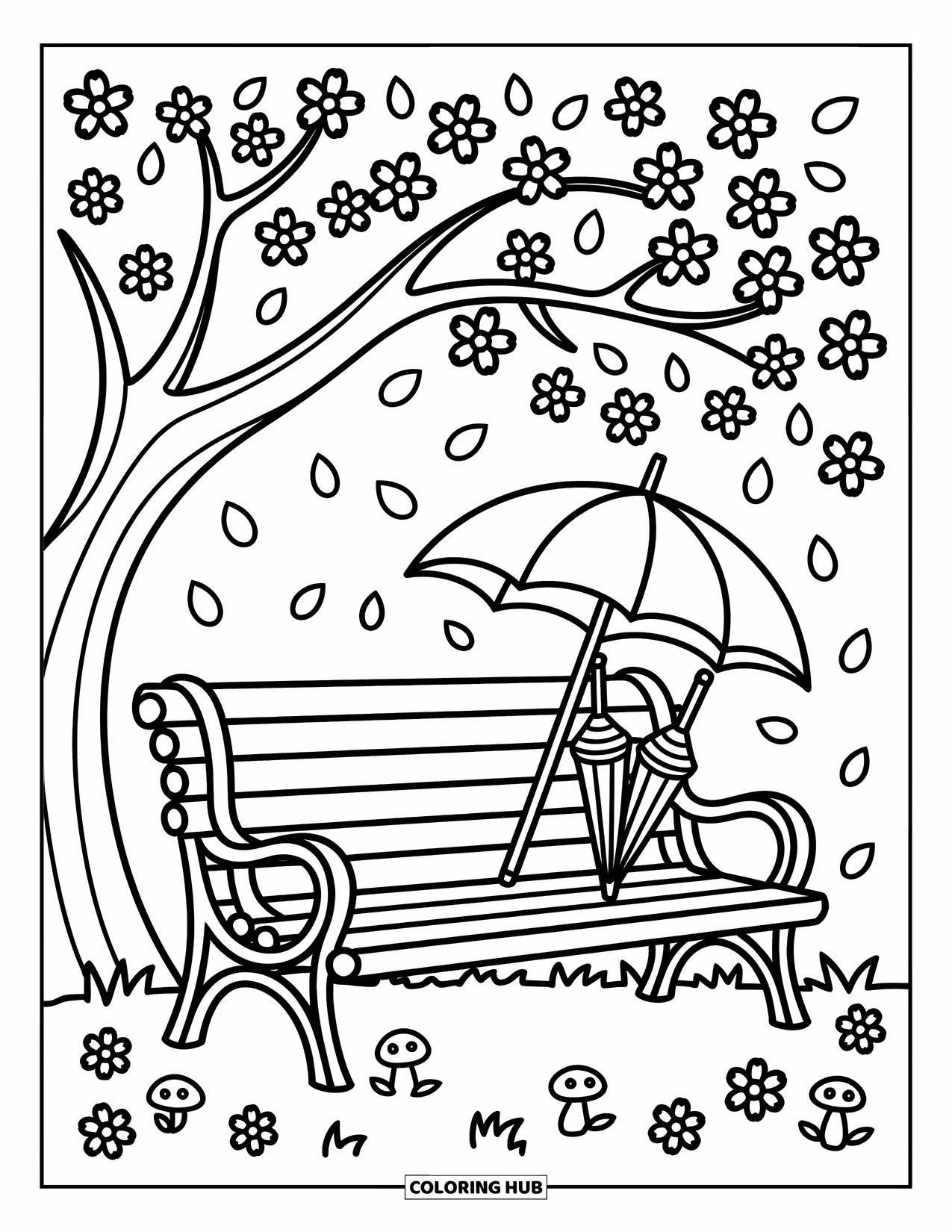 Cherry Blossom Coloring Page for Adults: A flower-filled bench scene with umbrellas and cherry blossoms in the air