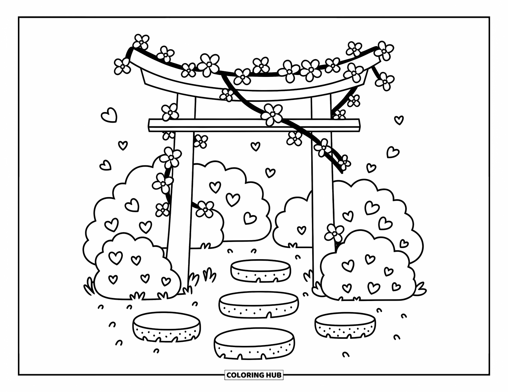 Cherry Blossom Coloring Page for Adults: A garden gate with a curved torii and soft cherry branches above stepping stones and bushes