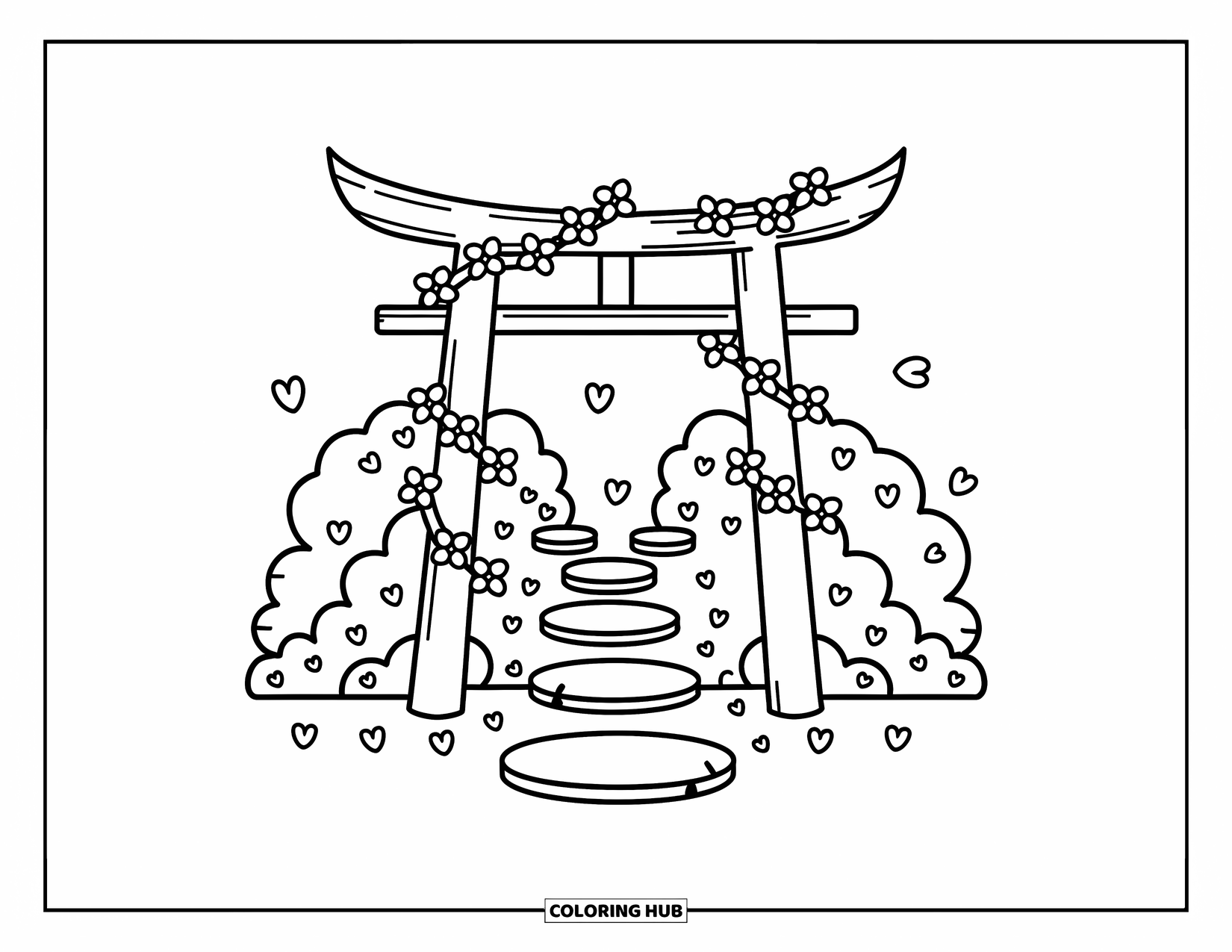 Cherry Blossom Coloring Page for Adults: A mini garden gate under cherry blossoms with playful petals and sweet little touches