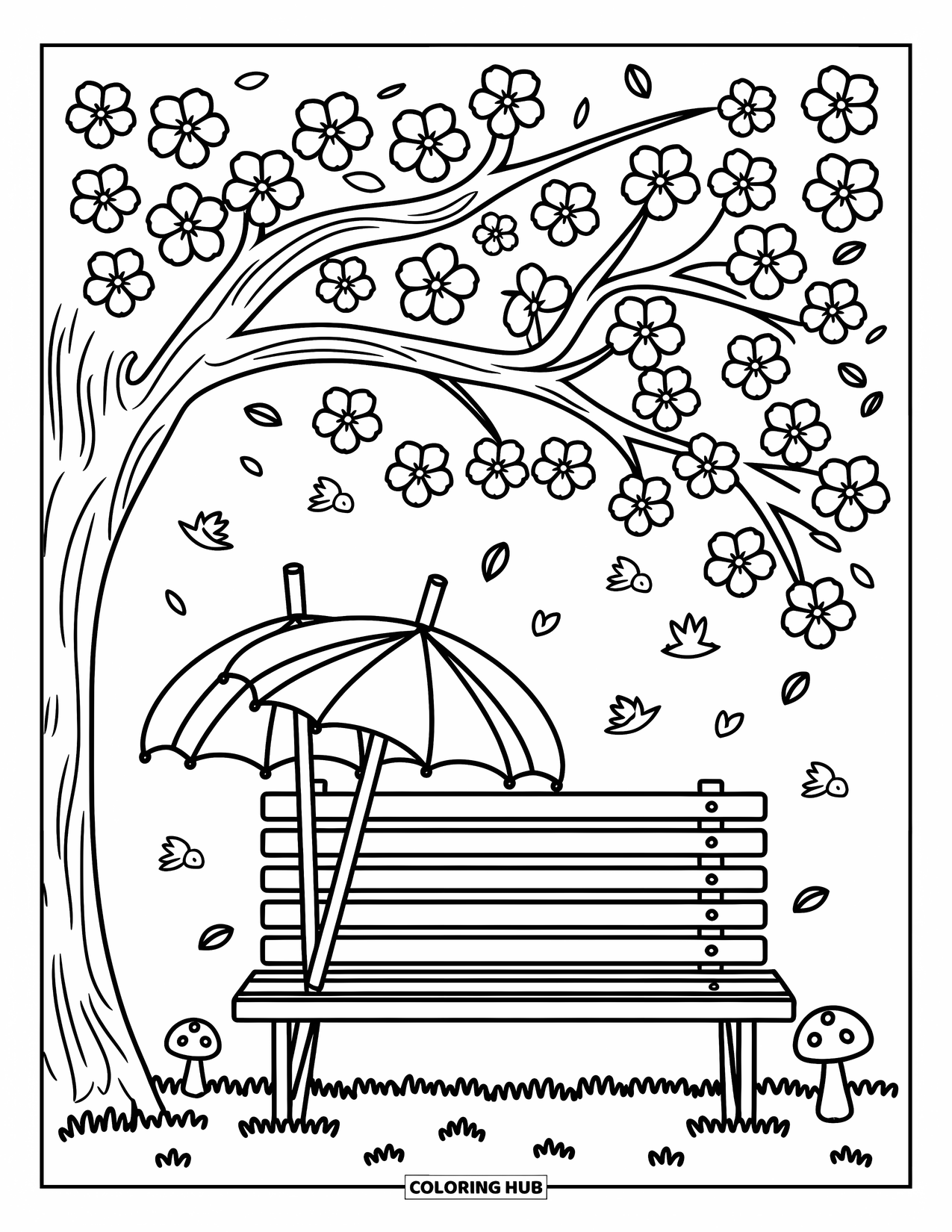 Cherry Blossom Coloring Page for Adults: A peaceful bench under a cherry tree with umbrellas, petals, and cute tiny creatures