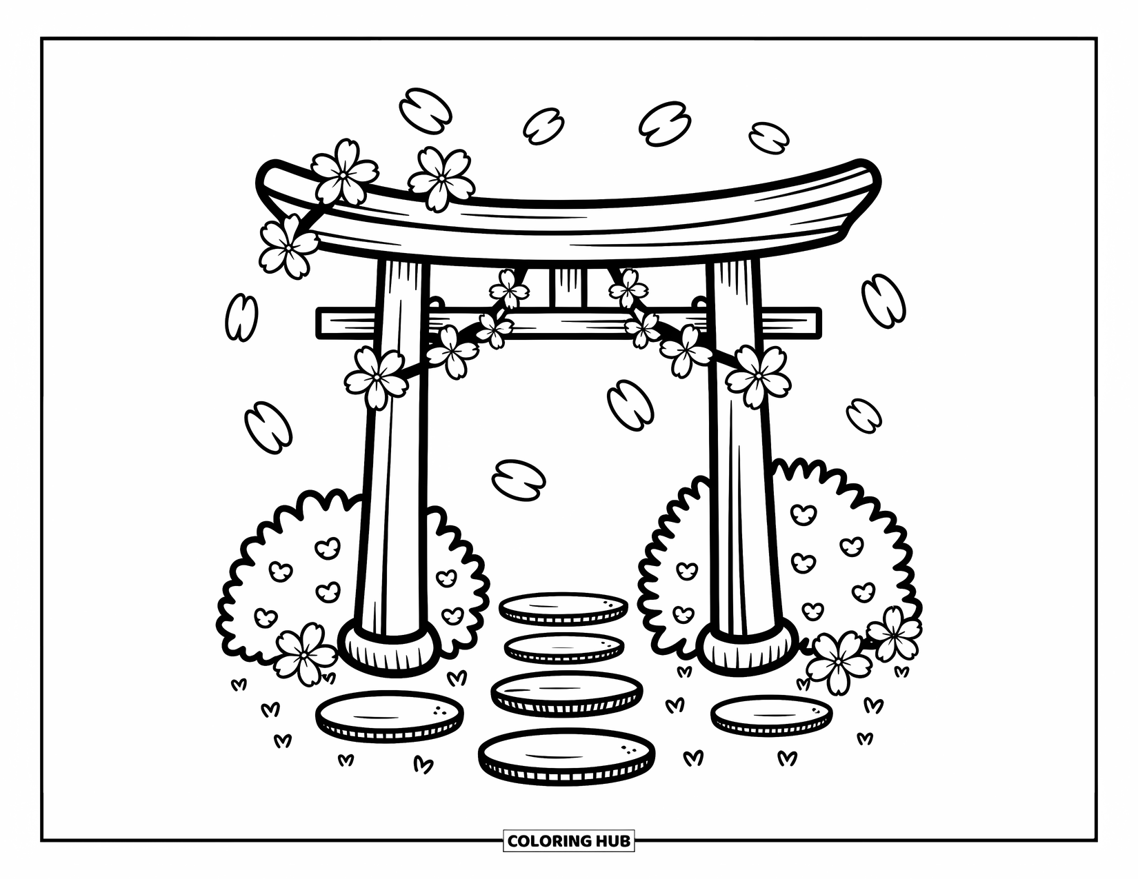 Cherry Blossom Coloring Page for Adults: A torii gate wrapped in cherry blossoms with petals swirling and flowers all around