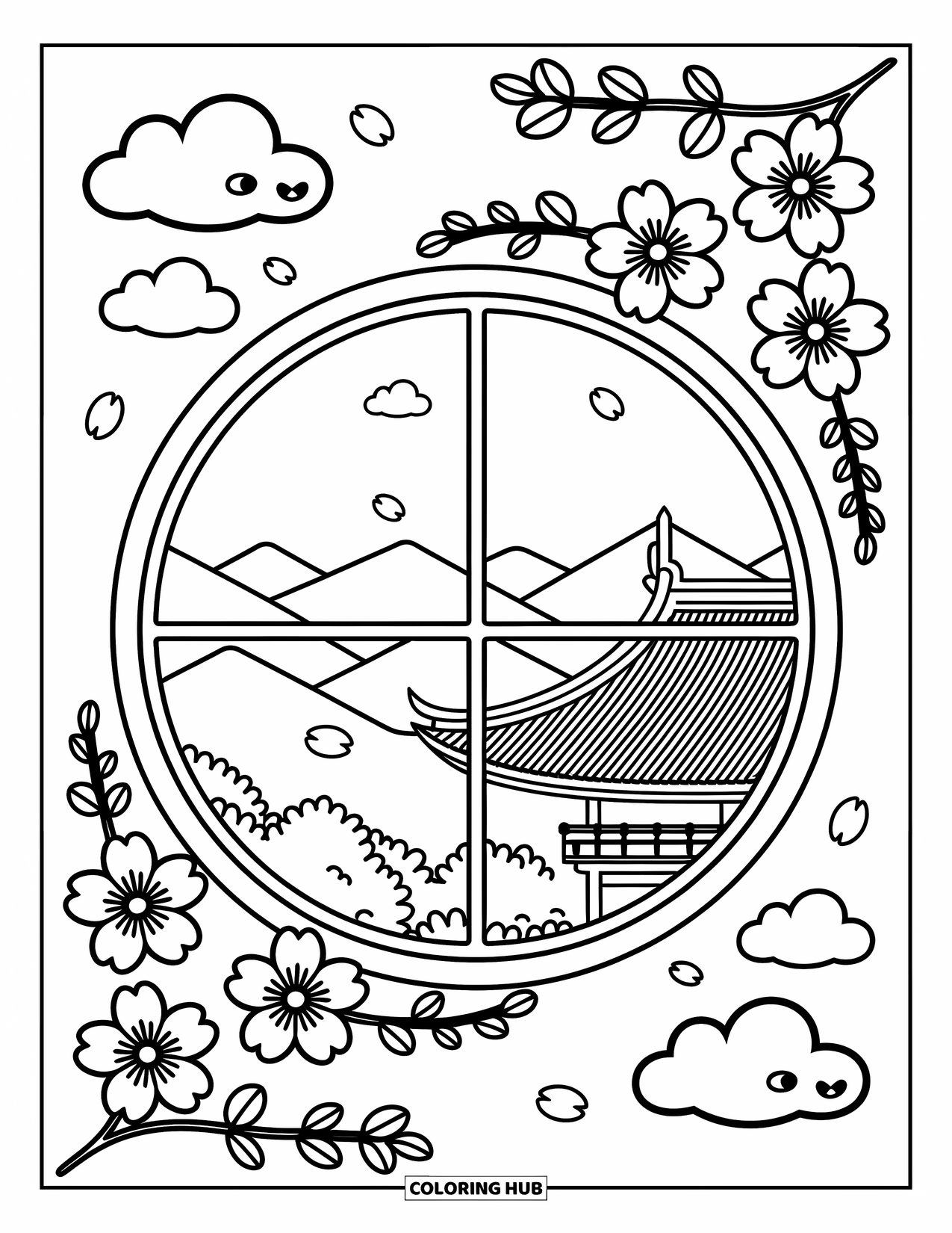 Cherry Blossom Coloring Page for Adults: Blossoms and petals frame a round window with mountains and a peaceful temple view