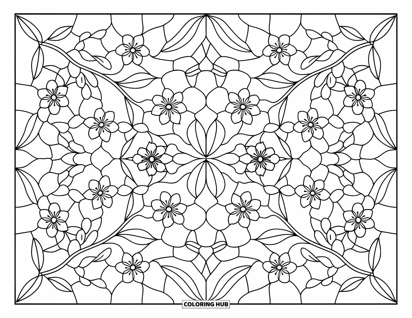 Cherry Blossom Coloring Page for Adults: Cherry blossoms and leaves arranged in a bold stained-glass layout