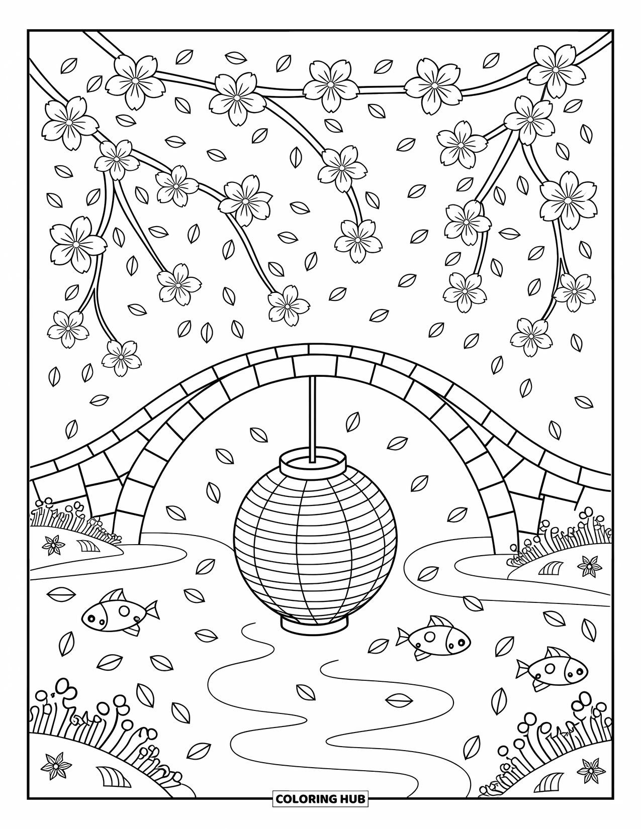 Cherry Blossom Coloring Page for Adults: Cherry blossoms and petals float above a river with a paper lantern gliding by
