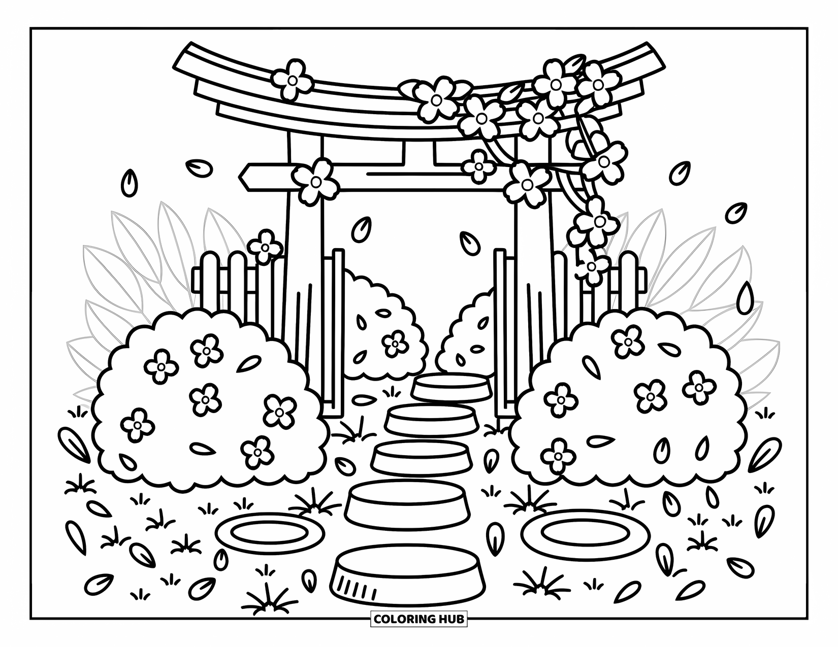 Cherry Blossom Coloring Page for Adults: Cherry blossoms and stepping stones surround a curved gate in a cozy garden scene