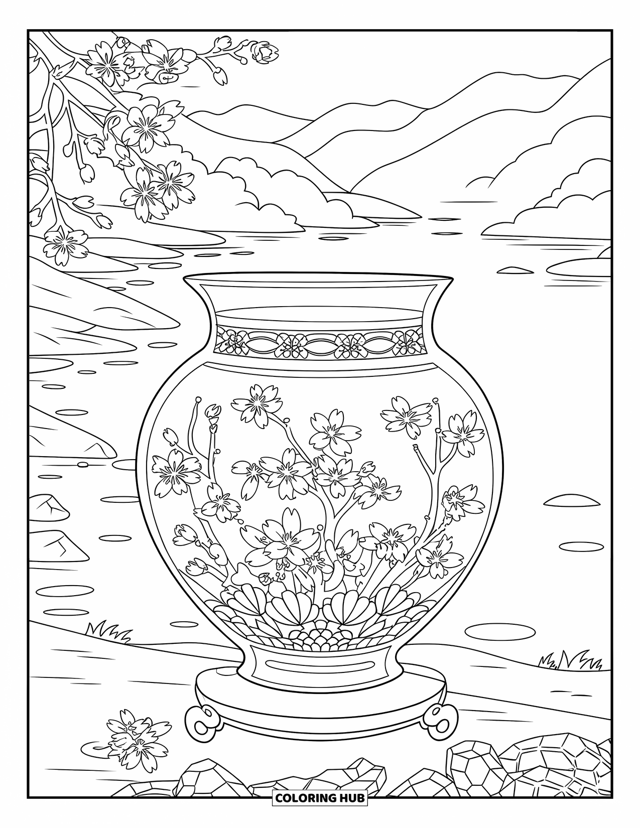Cherry Blossom Coloring Page for Adults: Cherry blossoms arranged in a vase with mountains and a calm lake behind