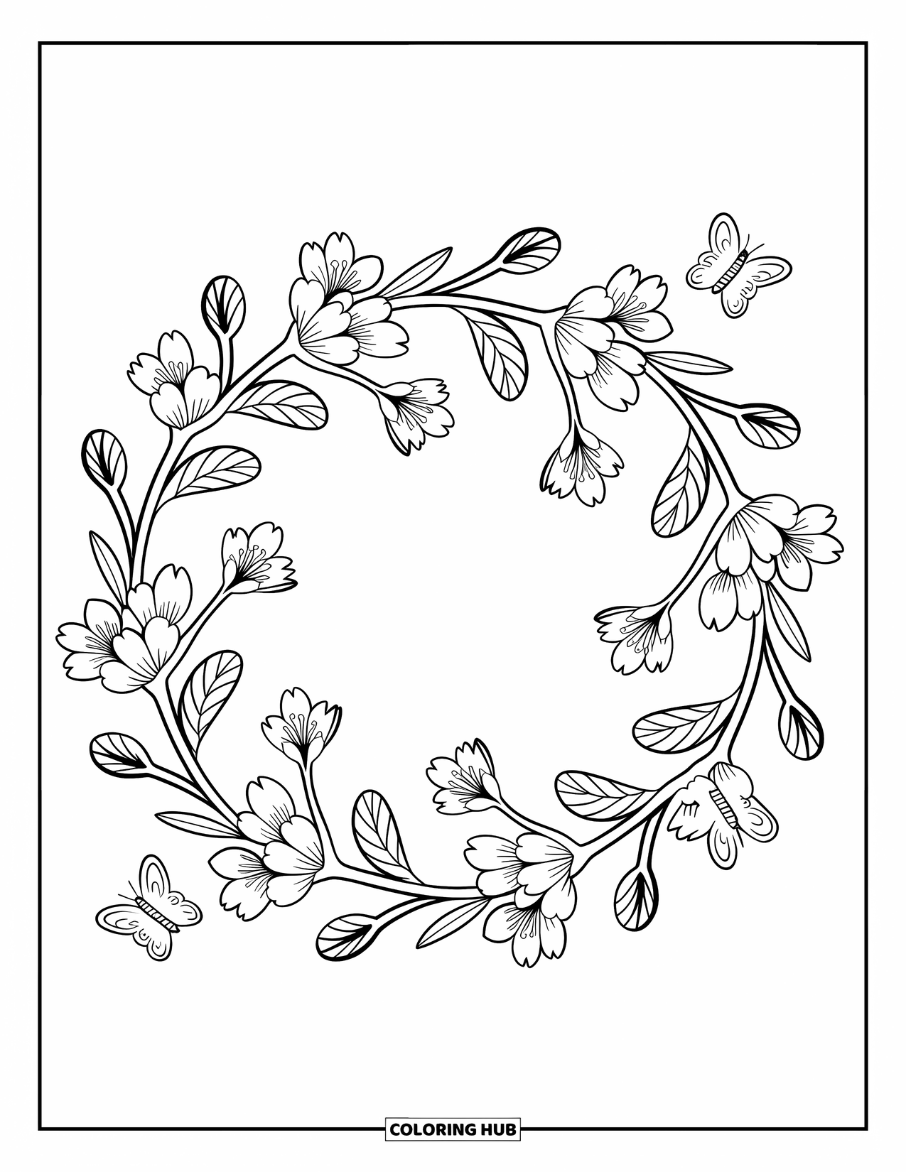 Cherry Blossom Coloring Page for Adults: Cherry blossoms form a sweet wreath with butterflies and playful ribbons tucked in