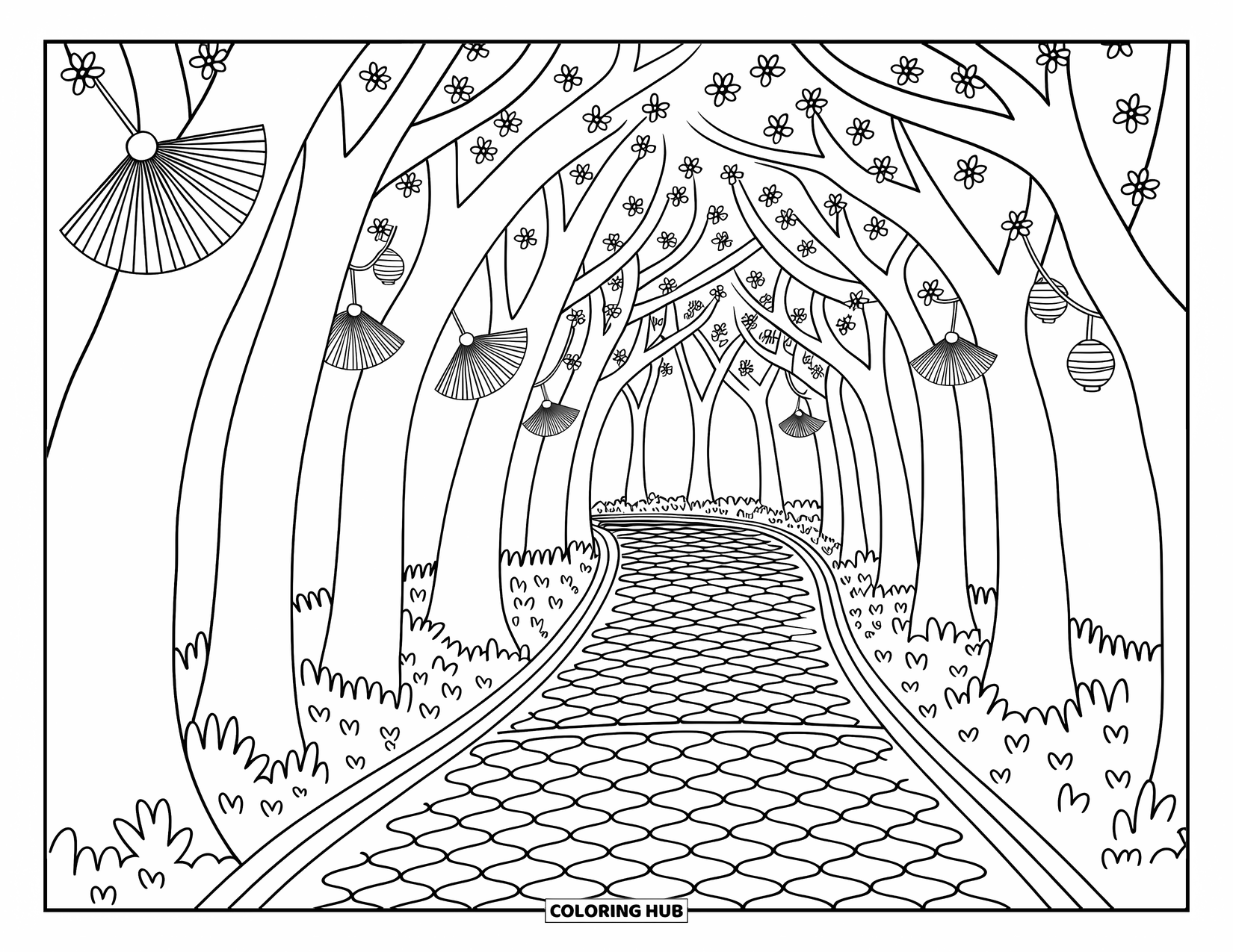 Cherry Blossom Coloring Page for Adults: Cherry trees form a tunnel over a winding path with tiny fans and hanging lanterns