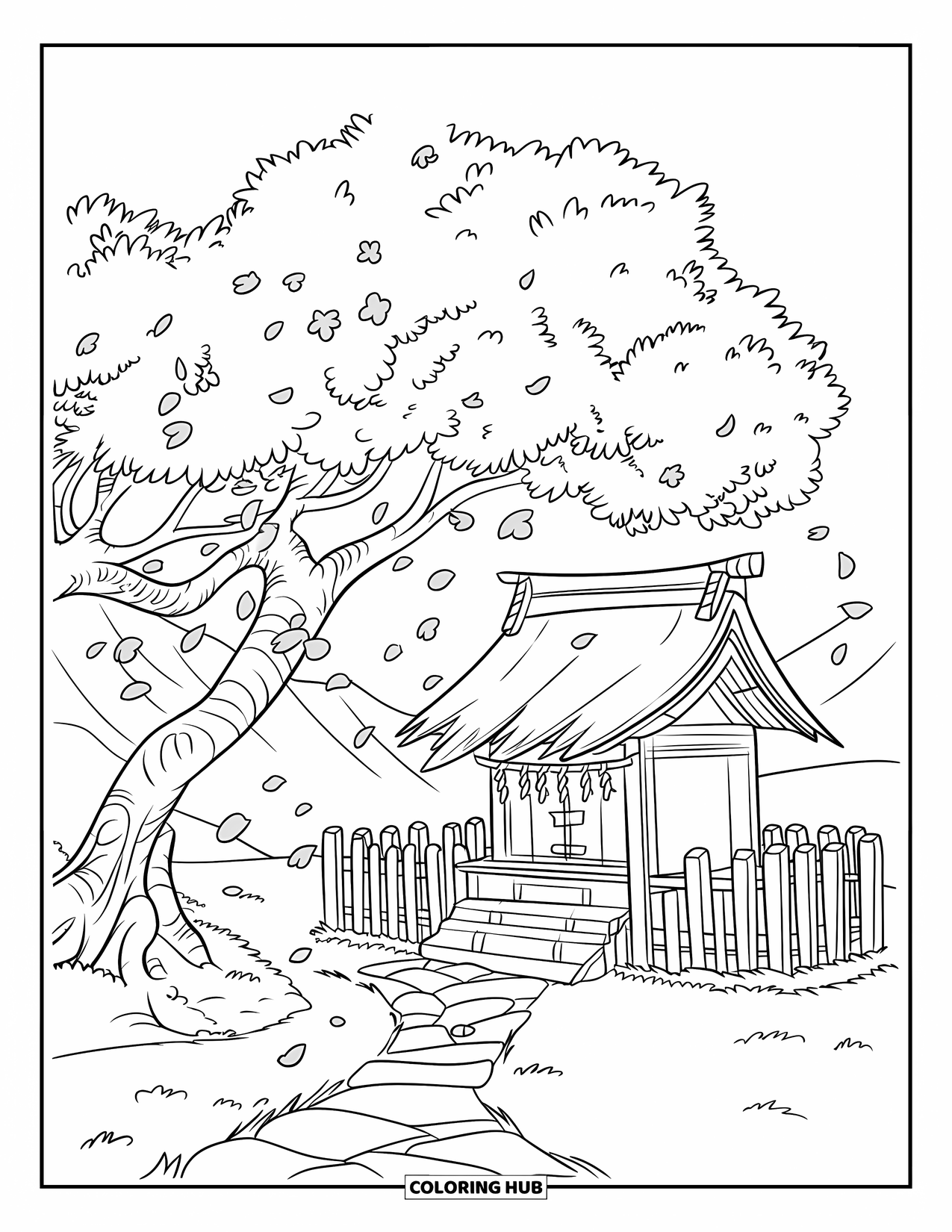 Cherry Blossom Coloring Page for Kids: A cherry blossom tree by a wooden shrine with a path and falling petals