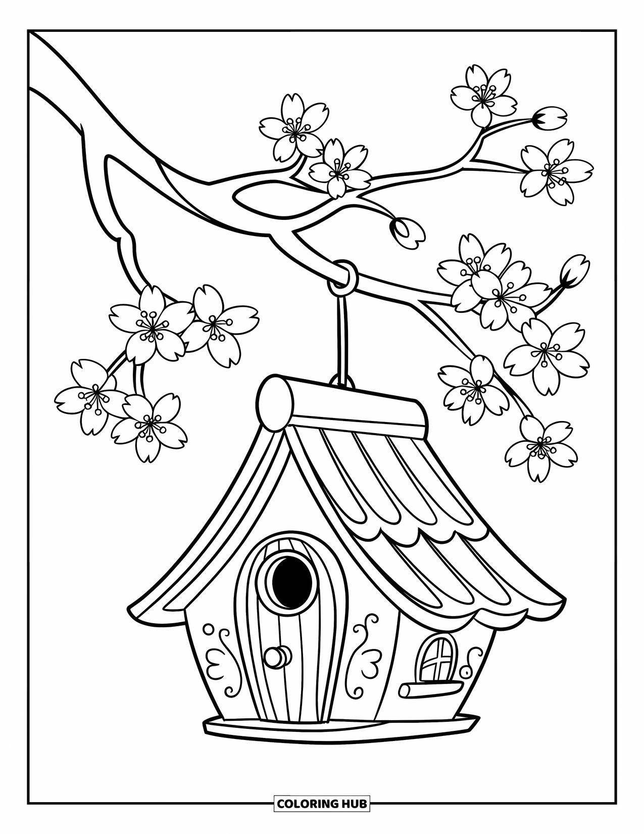 Cherry Blossom Coloring Page for Kids: A cute birdhouse dangles from a blooming cherry tree branch