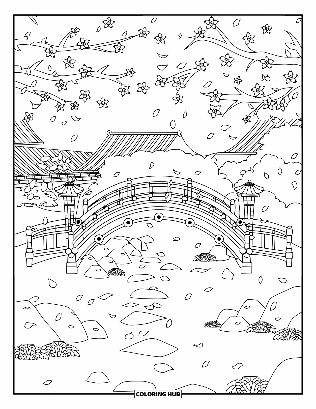 Cherry Blossom Coloring Page for Kids: A garden bridge with hanging lanterns, blooming trees, and distant red-roofed buildings