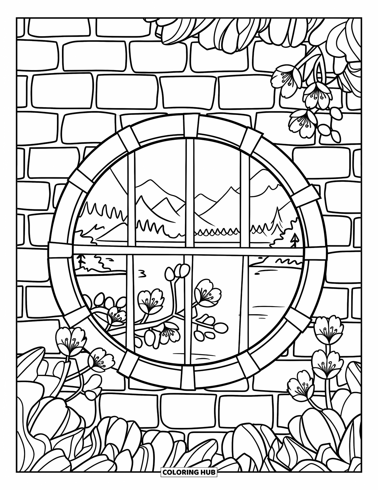 Cherry Blossom Coloring Page for Kids: A round window with cherry blossoms and a peaceful landscape beyond