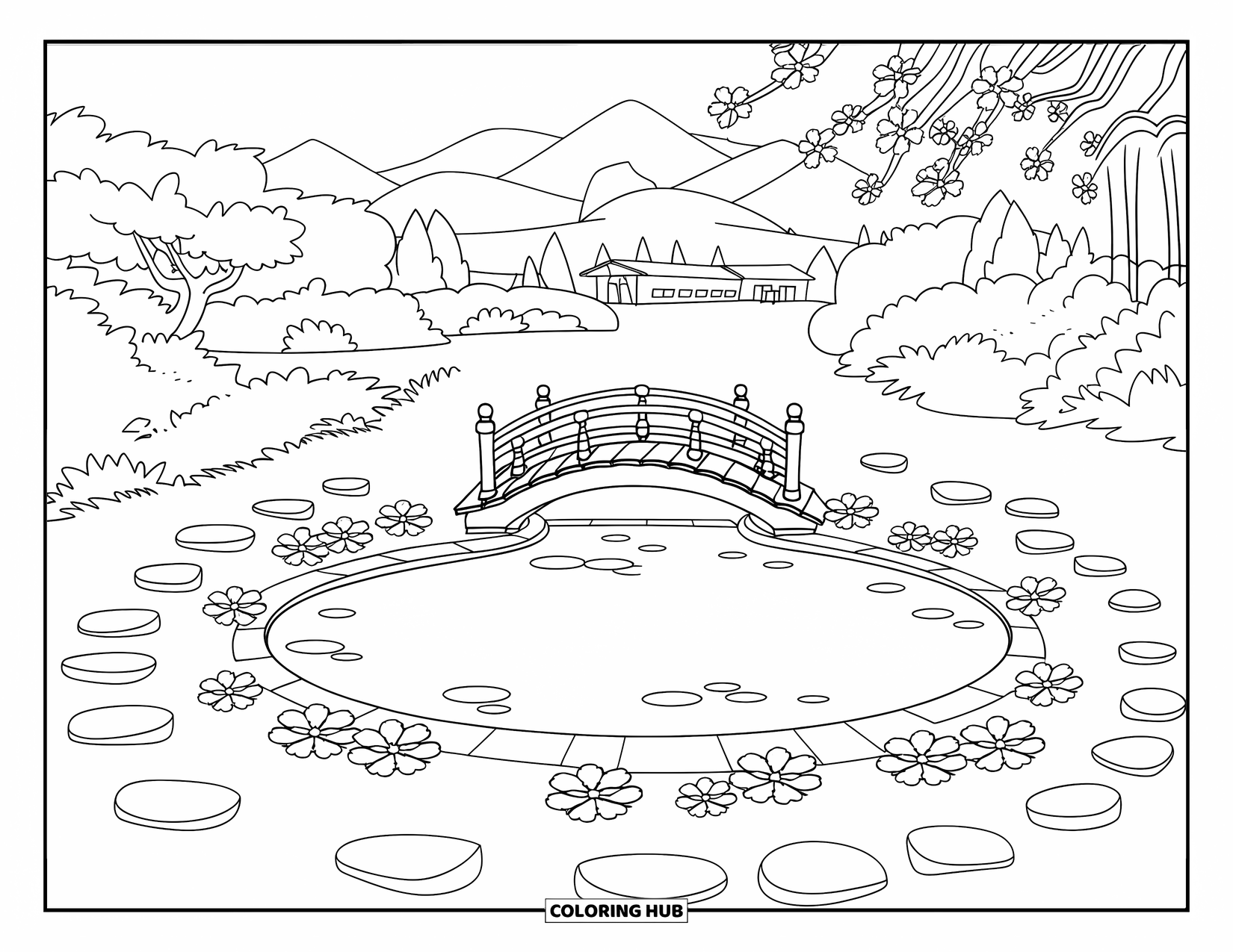 Cherry Blossom Coloring Page for Kids: A small pond with koi fish and a wooden bridge surrounded by cherry blossoms